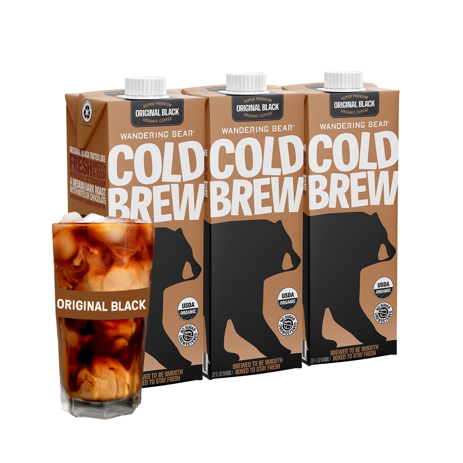 Wandering Bear Straight Black Organic Cold Brew Coffee - Extra Strong, Bold, Smooth, Unsweetened, Shelf-Stable, Ready to Drink & Vegan, 100% Organic