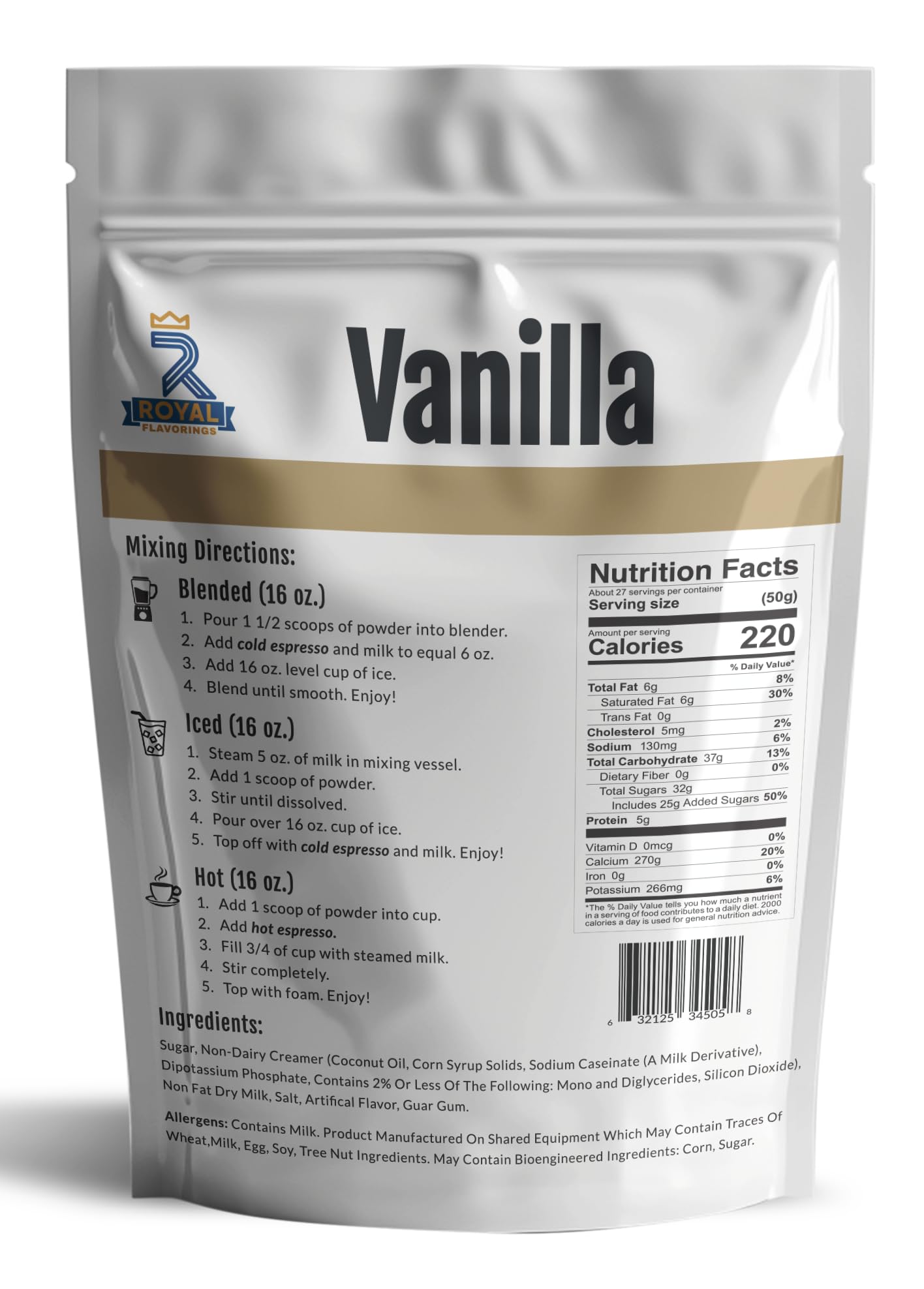 Royal Flavorings Vanilla Premium Flavored Frappe Drink Mix for Blended, Iced or Hot Drinks, Stand up Resealable Bag 3 Lb.