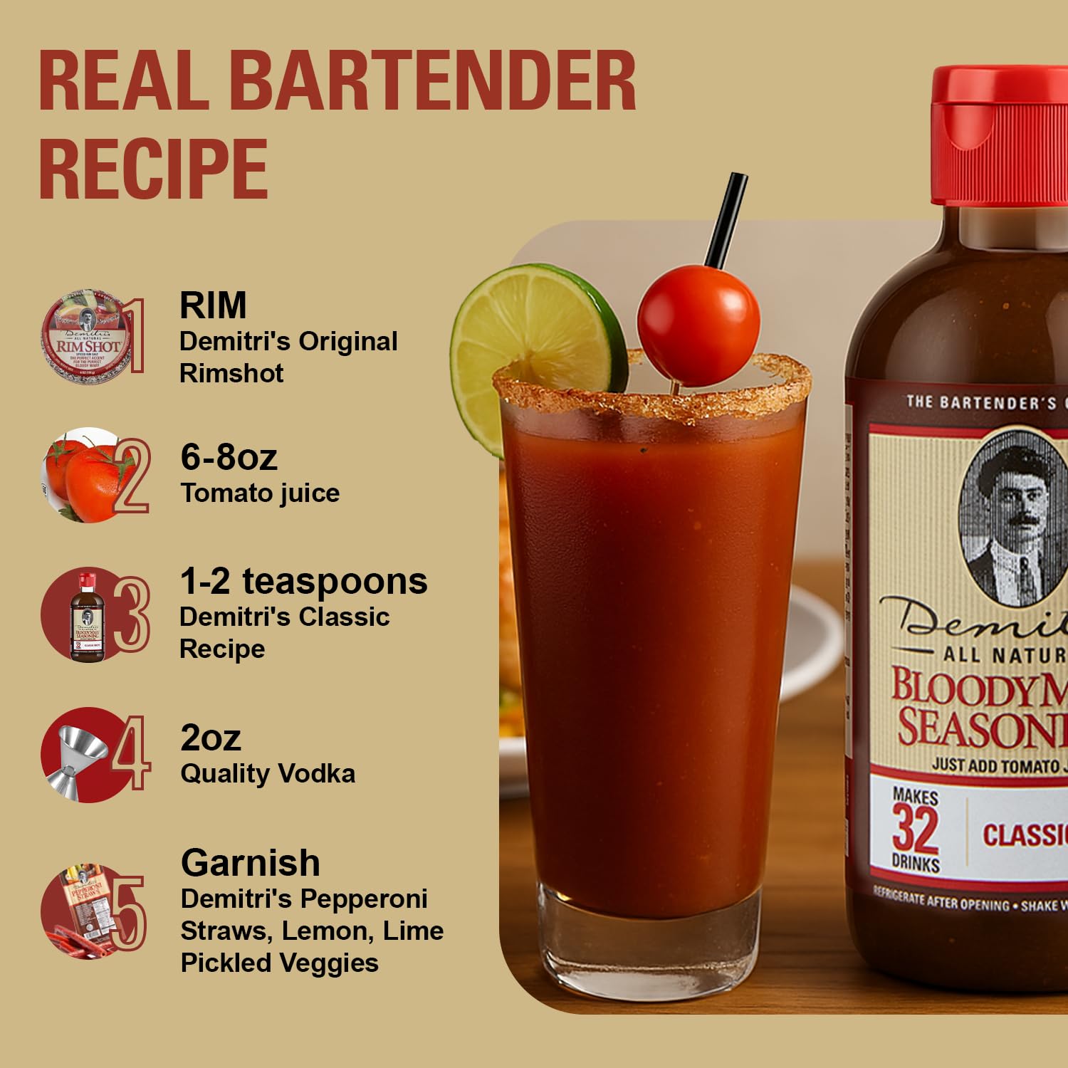 Demitri's Bloody Mary Seasoning Classic Recipe - Bloody Mary Mix - Concentrated Drink Mixer - Bold Rich Flavor - Perfect for Home Brunch Parties