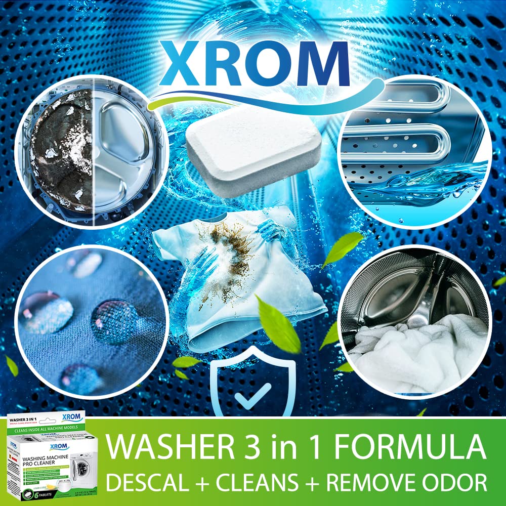 XROM Plant Based, Washer Cleaner And Descaler, Removes Odors, Limescale & Detergent Build-Up, Removes Hard Water Stains, For Front and Top Load, 6 Per