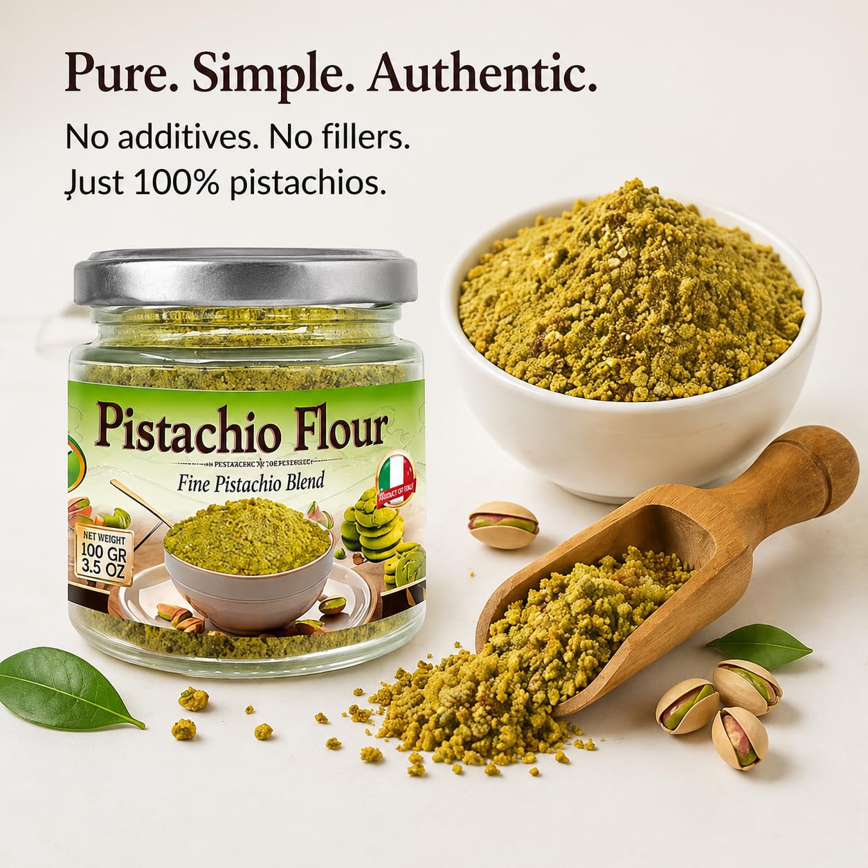 Sanniti Pistachio Flour, 3.5 oz - Fine Pistachio Blend for Baking & Cooking - 100% Pure Pistachios - Product of Italy
