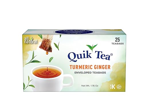 QuikTea Turmeric Ginger Tea Bags - 25 Count - All Natural, Preservative Free - Low Caffeine, Natural Turmeric and ginger Extracts - Warming