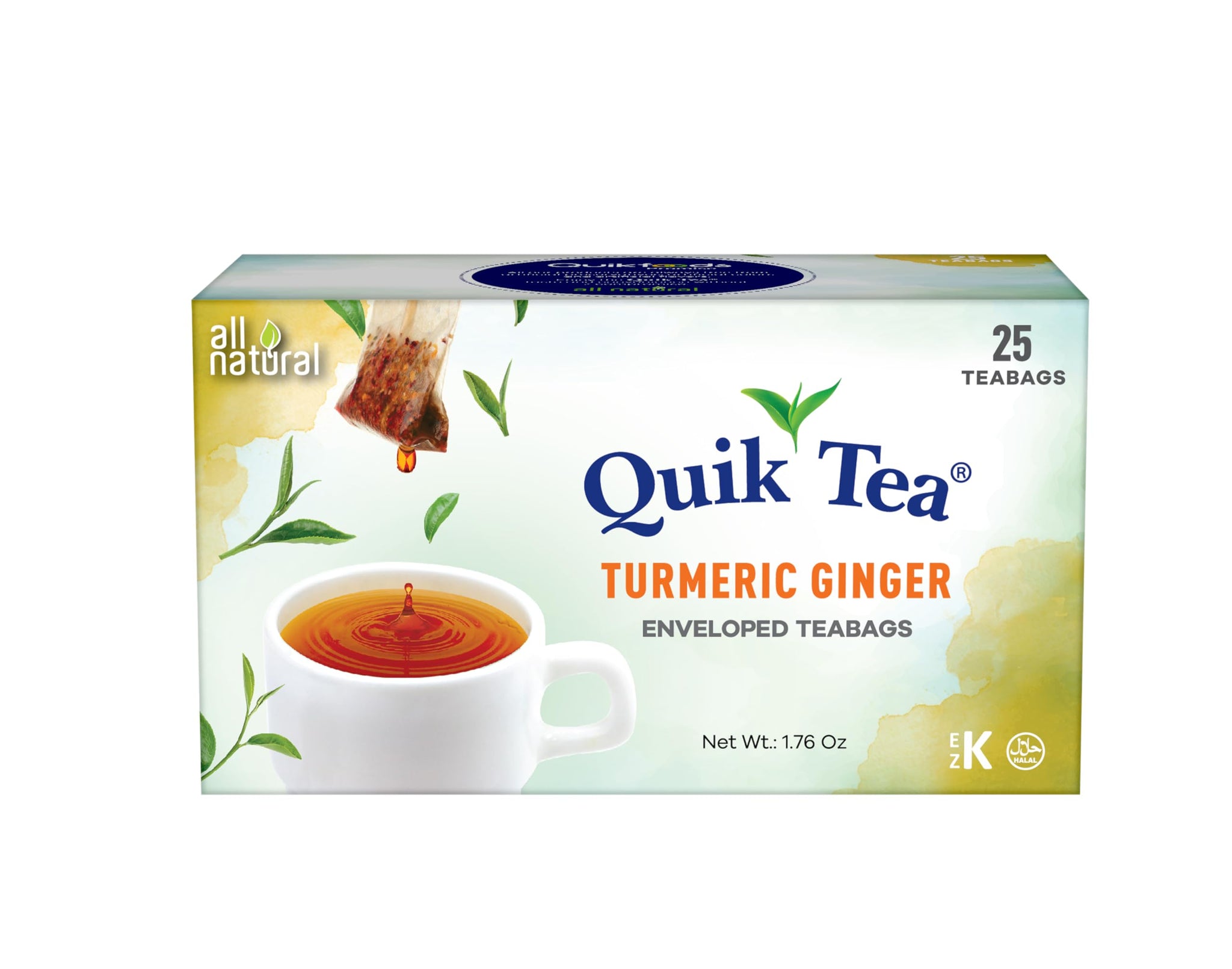 QuikTea Turmeric Ginger Tea Bags - 25 Count - All Natural, Preservative Free - Low Caffeine, Natural Turmeric and ginger Extracts - Warming