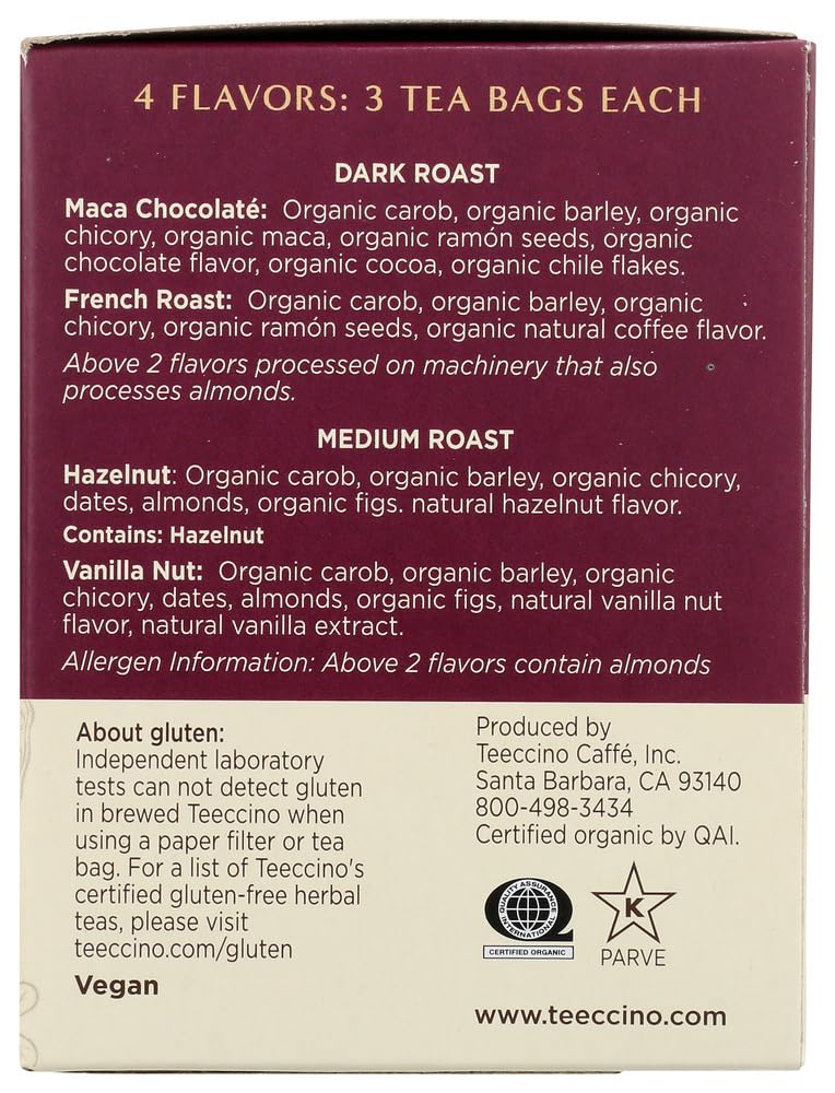 Teeccino Chicory Roasted Herbal Tea Sampler Pack (French Roast, Hazelnut, Vanilla Nut and Chocolaté), Caffeine Free, 12 Tea Bags (Pack of 2)