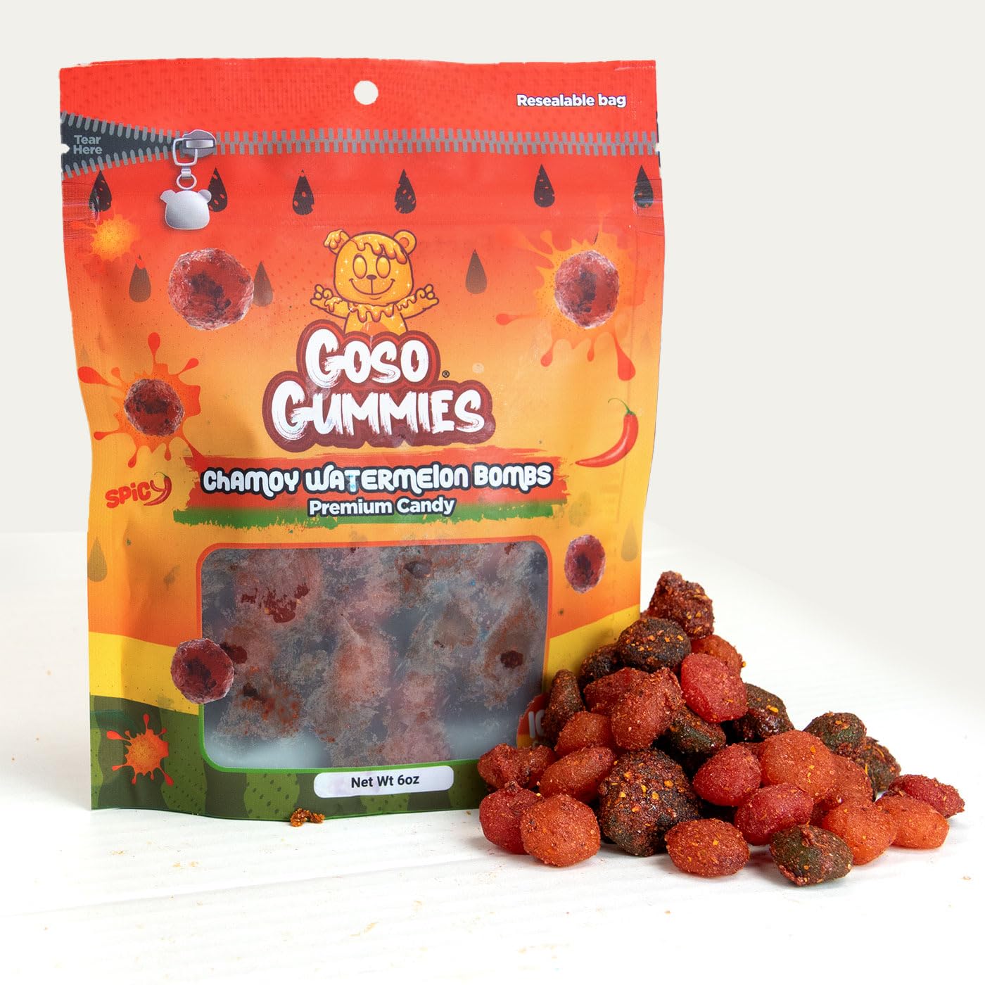 Goso Gummies Chamoy Watermelon Gusher Bombs - 6oz Bag - Spicy, Tangy & Sweet Chamoy Watermelon Filled Candy