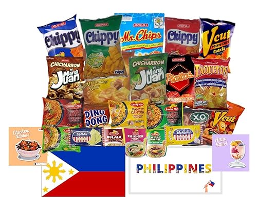 Filipino Snacks Box Variety Pack Assortment of 10 Authentic Food Products like Lucky Me, JackNJill, Skyflakes and more with Philippines Flag and Pride
