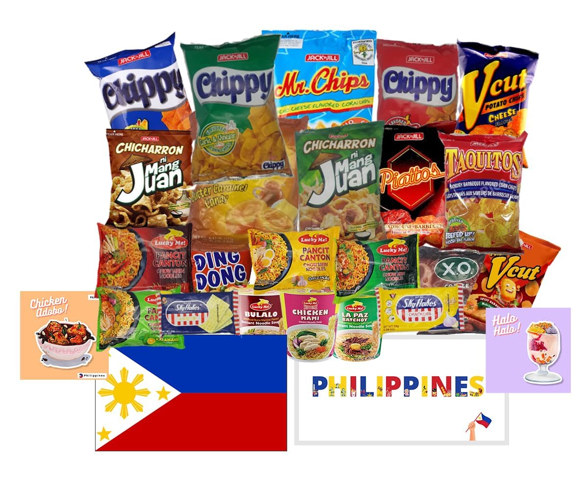 Filipino Snacks Box Variety Pack Assortment of 10 Authentic Food Products like Lucky Me, JackNJill, Skyflakes and more with Philippines Flag and Pride