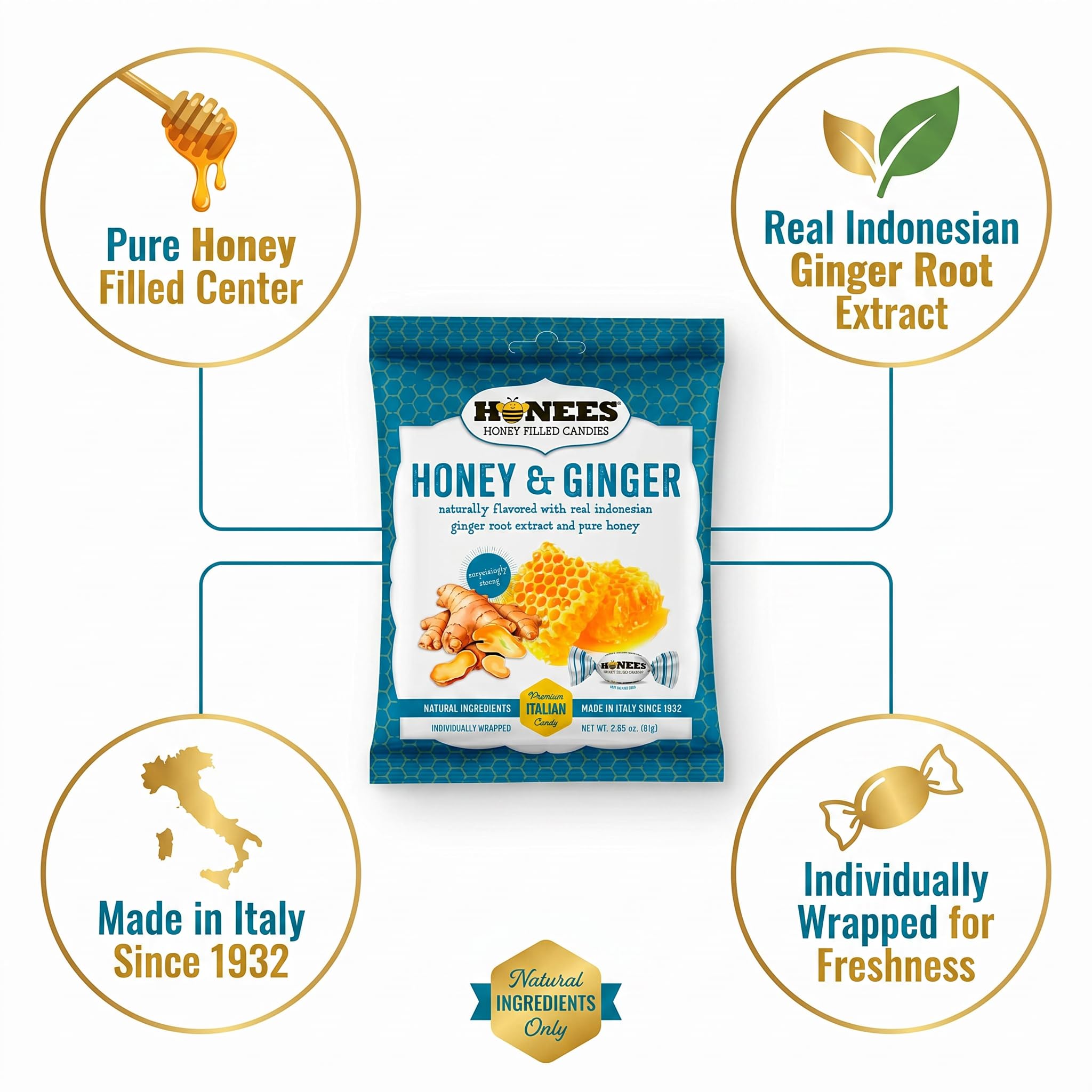 Honees Candy Honey & Ginger 2.85 oz (Pack of 1) - Honey lemon cough drops - candy with ginger - Soothing throat lozenges for adults - 2 items