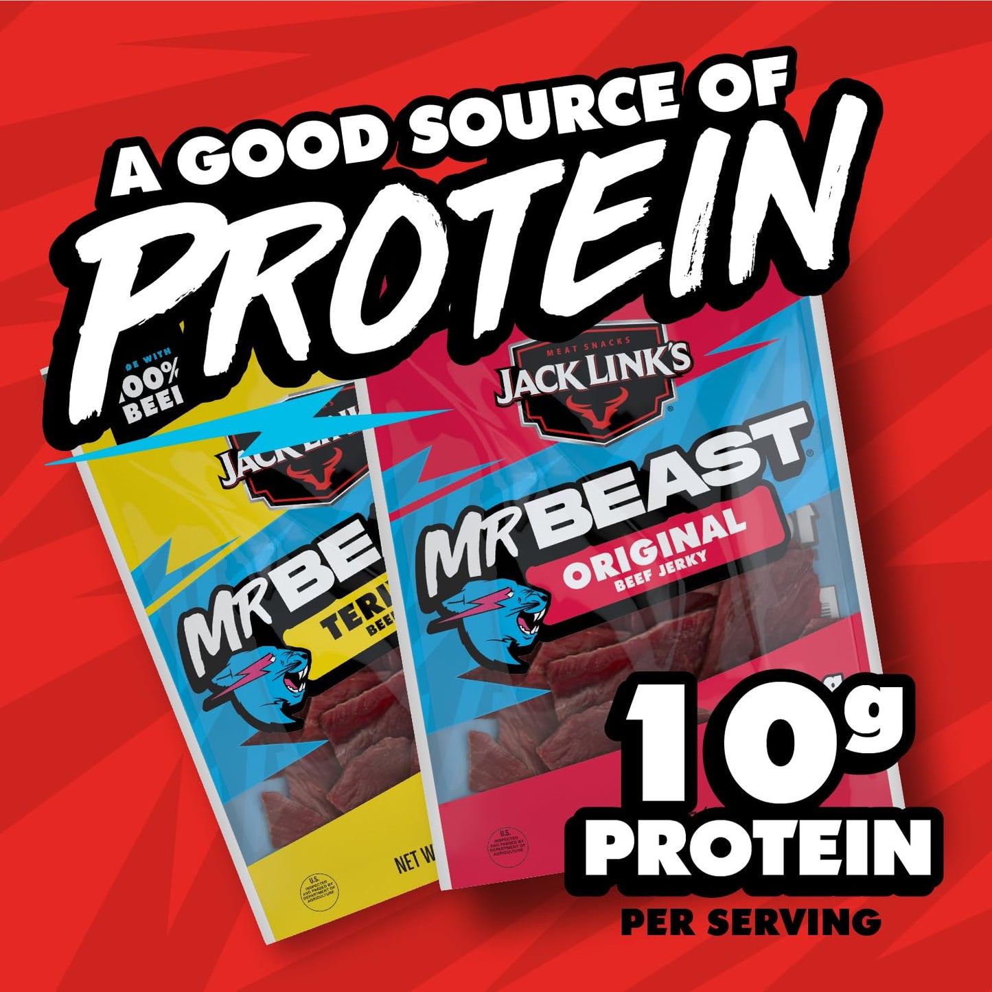 Jack Link's x MrBeast Beef Jerky, Original & Teriyaki Beef Jerky Variety Pack - (6 Pack) 0.9oz Bags - Up to 10g of Protein - Made with 100% Real Beef