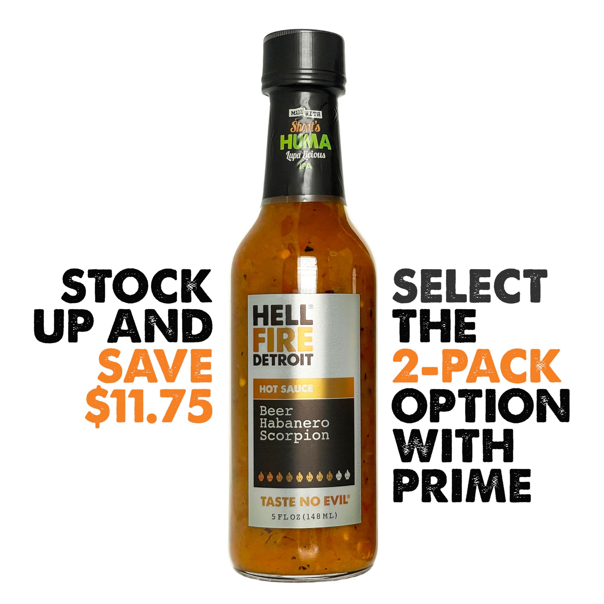 Hell Fire Detroit Beer Habanero Scorpion Hot Sauce (Extra hot), Crafted with Fresh, Fire-Roasted Habanero and Trinidad Scorpion Chile Peppers