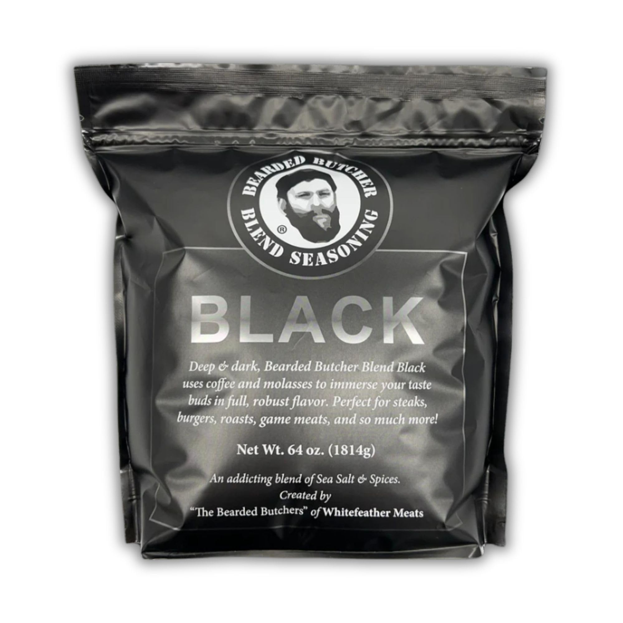 Bearded Butchers Black Blend Seasoning, 64 oz Bag (4 lbs) - Coffee & Molasses Flavor for Steaks, Burgers, Brisket, Roasts, Game Meats - Gluten-Free