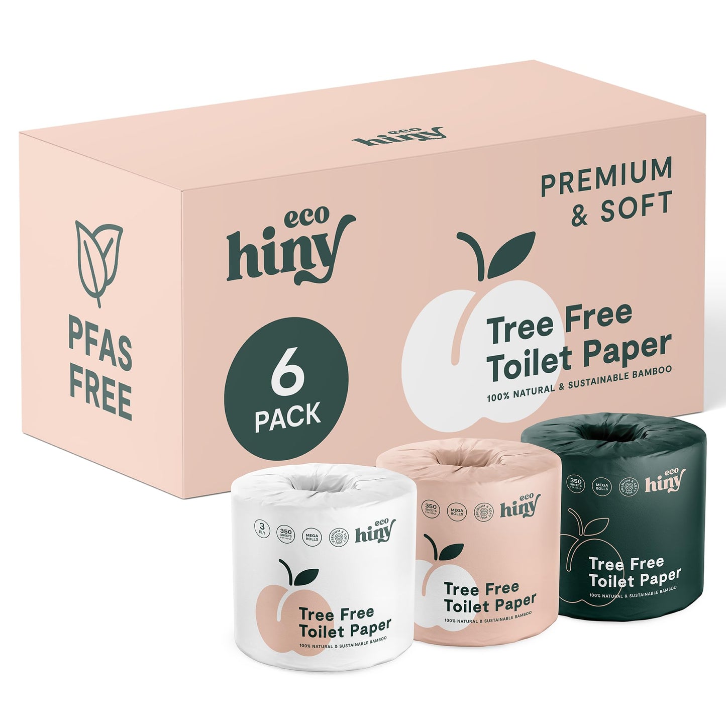 ecoHiny Premium & Soft Bamboo Toilet Paper | PFAS Free | 6 Mega Rolls, 3 ply & 350 Sheets | Non Toxic, FSC Certified, Septic Safe, BPA Free | Tree