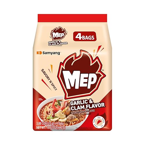 Samyang MEP Garlic Clam Ramen, Spicy Korean Instant Bag Noodle Soup, Refreshing Seafood Broth Ramyeon, Easy Cook Noodles, 3.88 oz (Pack of 4 Bags)