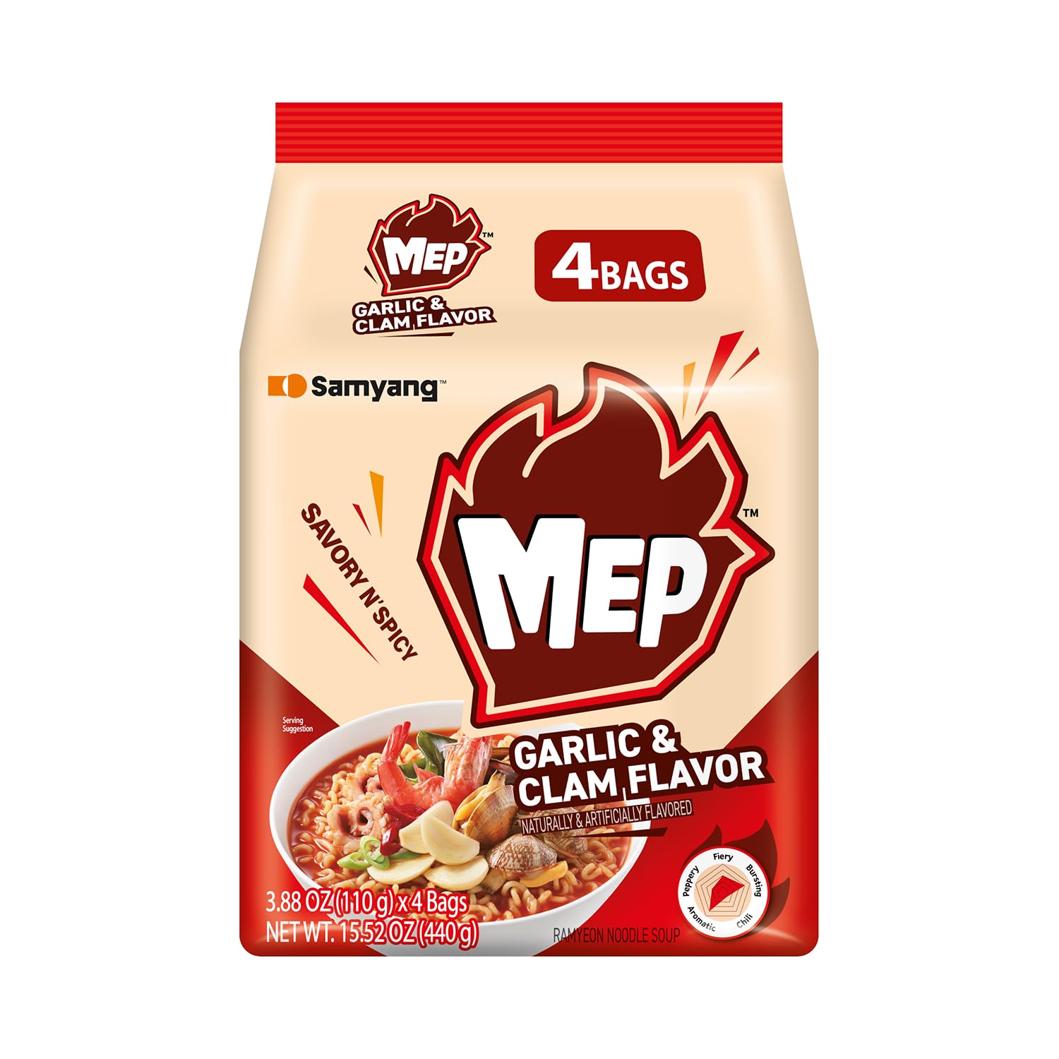 Samyang MEP Garlic Clam Ramen, Spicy Korean Instant Bag Noodle Soup, Refreshing Seafood Broth Ramyeon, Easy Cook Noodles, 3.88 oz (Pack of 4 Bags)