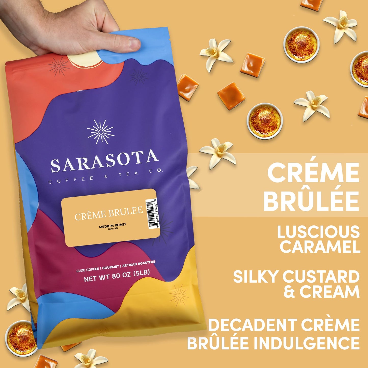 Sarasota Coffee Ground Creme Brulee | Medium Roast Gourmet Flavored Coffee Grounds | Low Acid, Mold Free, Specialty Grade Flavored Bulk Ground | 5lb