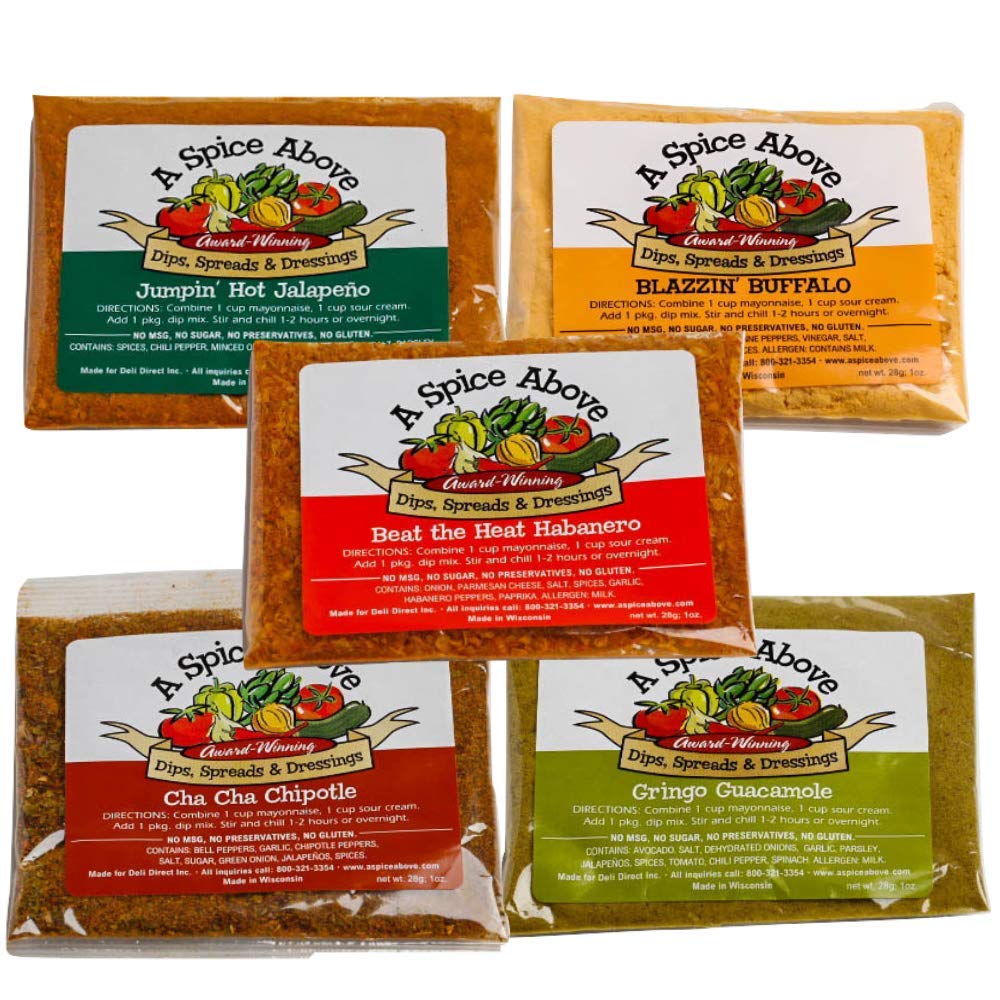 A Spice Above 5 Pack Spicy Dips Mixed Seasonings Packets Includes Habanero, Jalapeño, Chipotle, Buffalo, and Guacamole