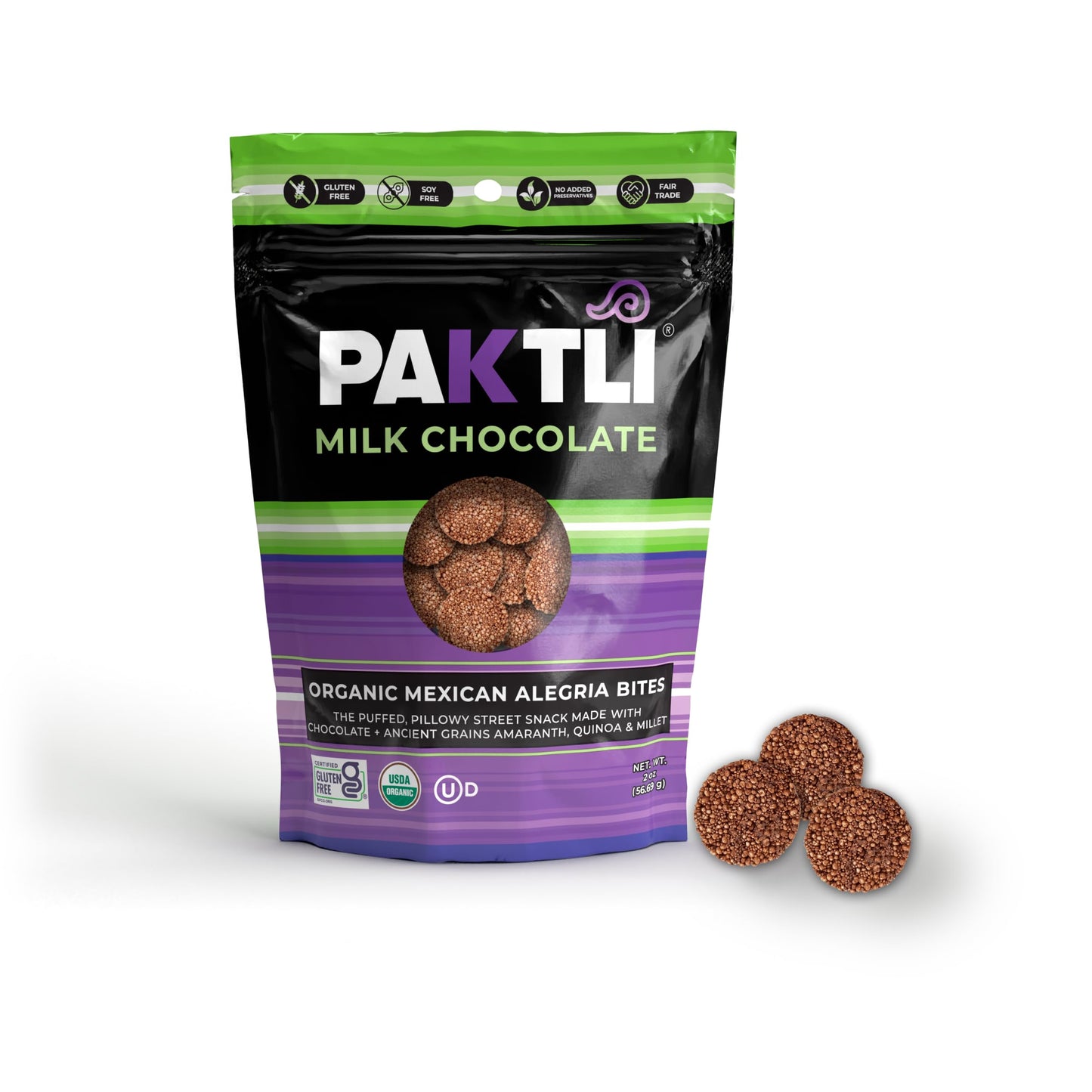 Paktli Organic Alegría Bites 8-Pack - Milk Chocolate Covered Ancient Grains, Eight 2oz Bags, Organic Amaranth, Quinoa & Millet Snack, Non-GMO