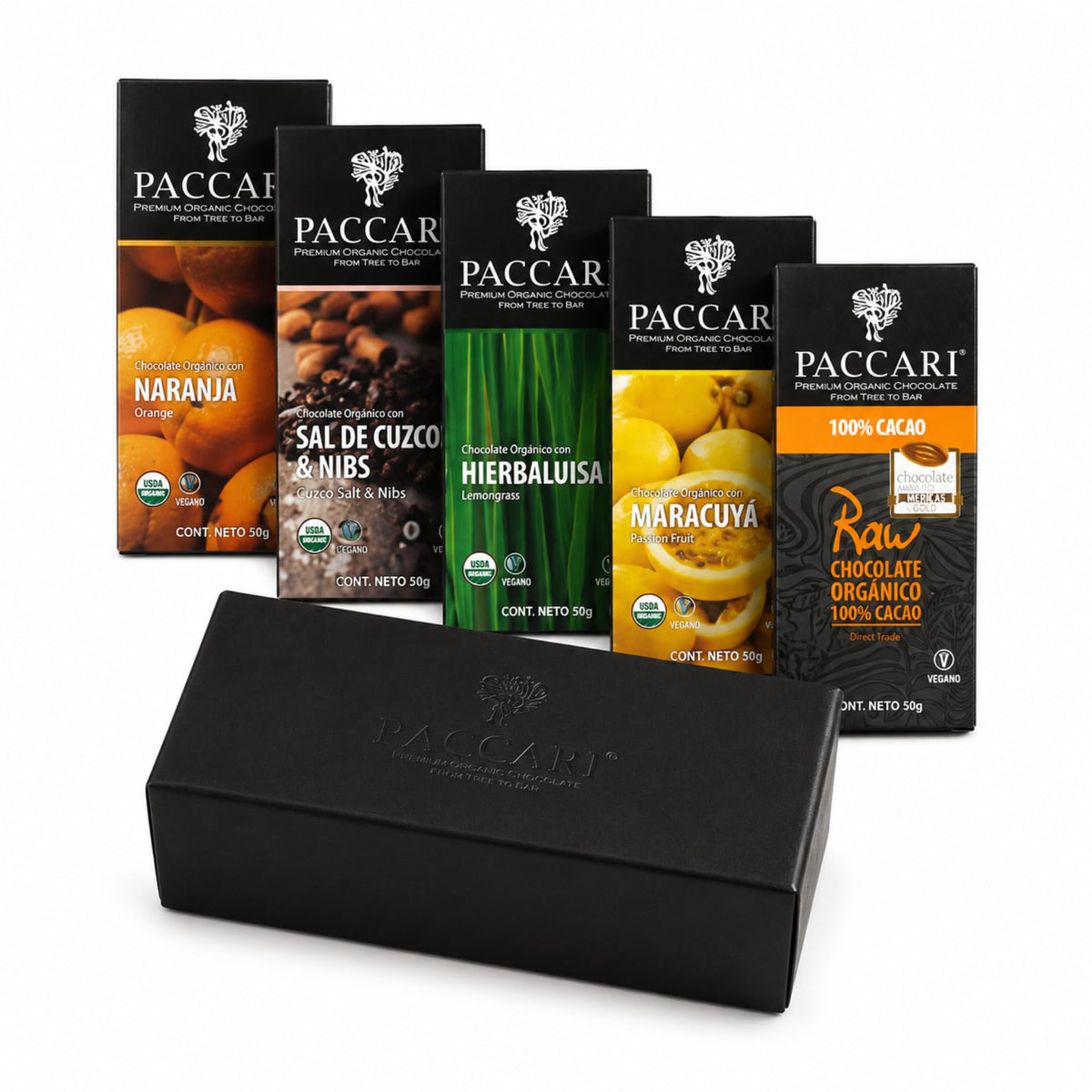 Paccari Organic Dark Chocolate Gift Box, Variety Pack, 5 Bars