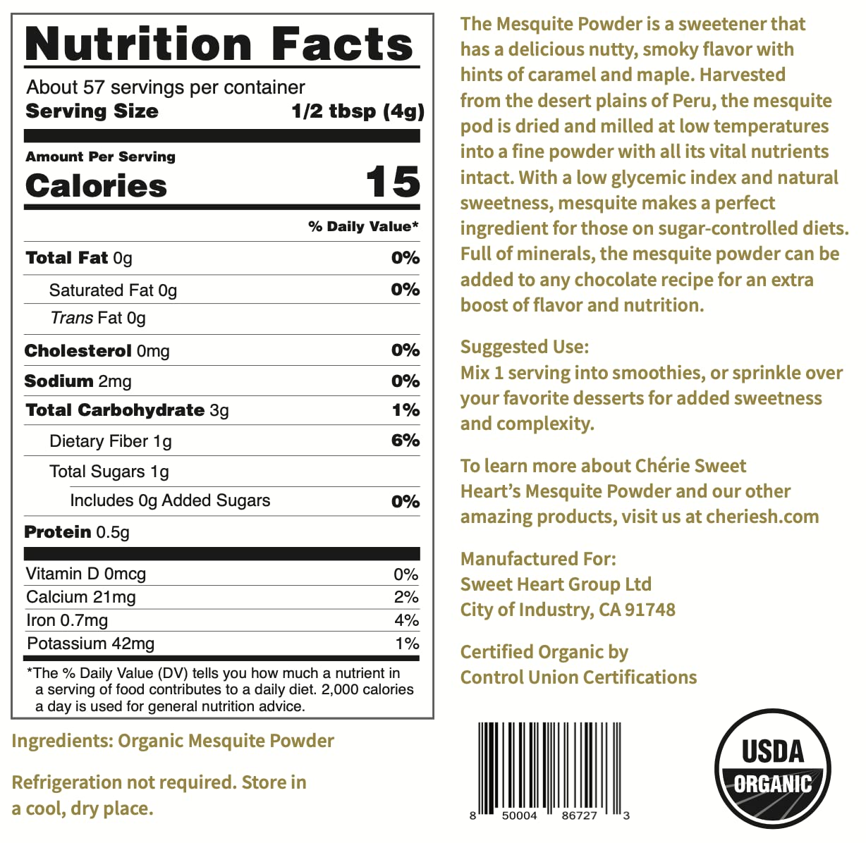 Cherie Sweet Heart Organic Powder, Mesquite, Non-GMO, Vegan, Gluten-Free, 8 Ounce