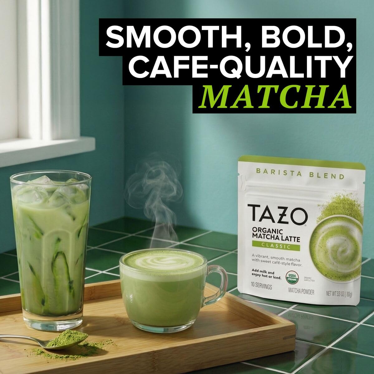 TAZO Organic Classic Matcha Latte, Barista Blend Matcha Powder, 10 Servings, Café?Quality Matcha, Lightly Sweetened with Organic Sugar, Easy to Make