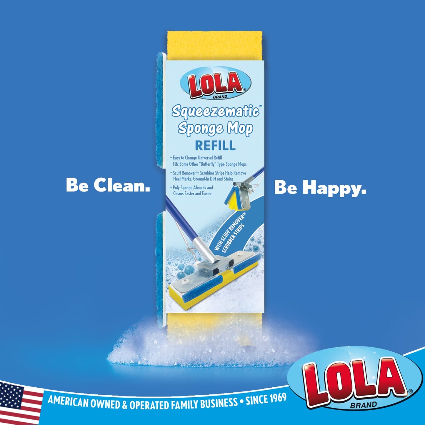 LOLA Squeeze Matic Butterfly Sponge Mop Refill, 9", 2 Pack Replacement Head, Floor Cleaning, Comparable w/Quickie Type S Sponge Mop Refill