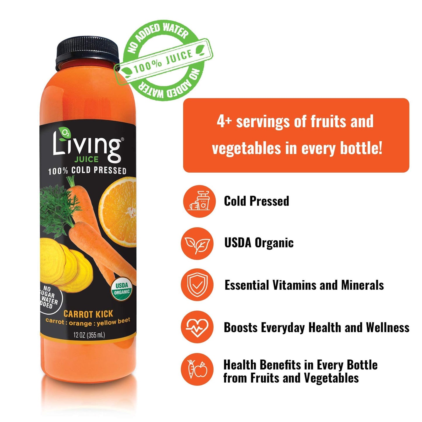 O2 Living Juice Cold Pressed Drink - Carrot Kick Organic Juice Variety Pack - No Added Sugar or Water, Naturally Sweetened from Fruits, Rich in