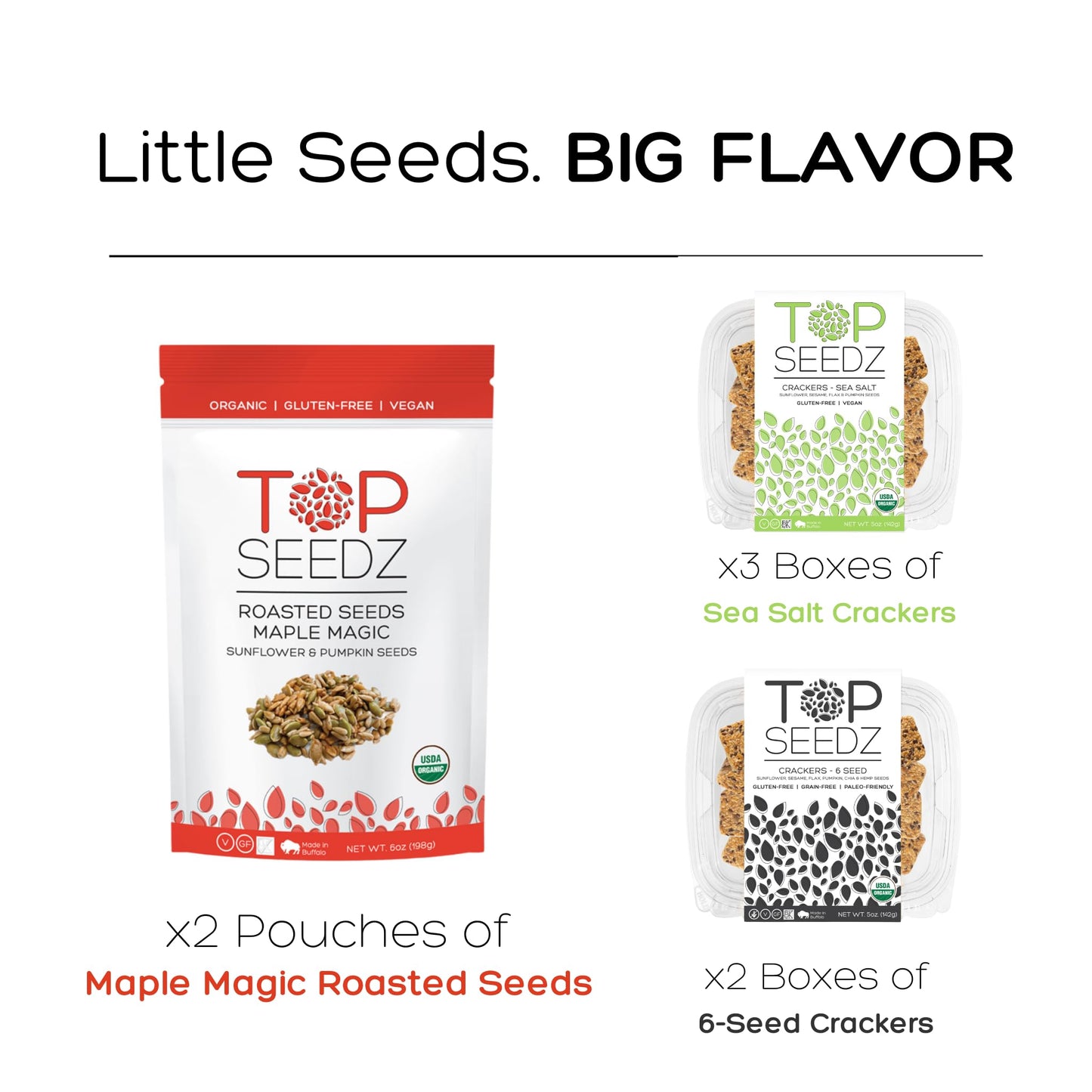 Top Seedz Deluxe Organic Gluten Free Vegan Crackers and Roasted Seeds Bundle | 1 Pouch of Maple Magic Roasted Seeds | 3 Packs of Sea Salt Crackers | 2