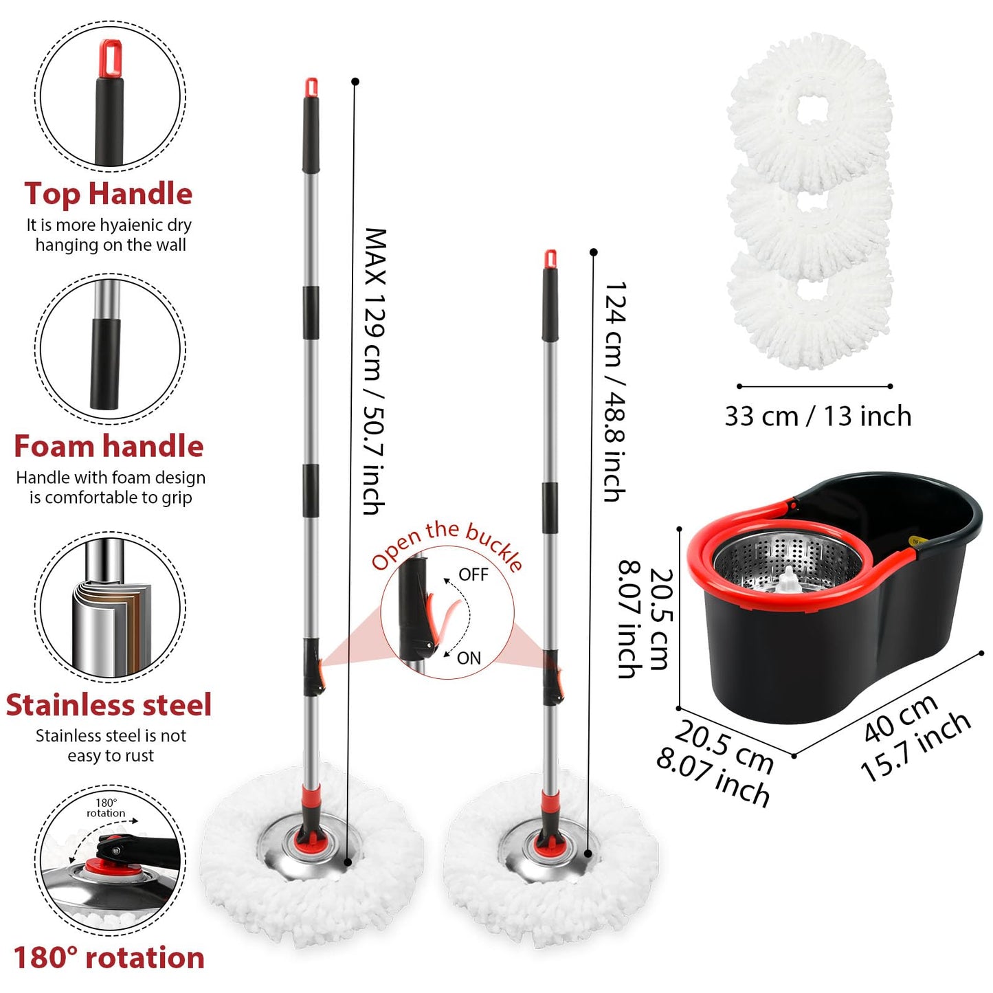 Spin Mop and Bucket with Wringer Set, 360° Spinning Mop Bucket System with 3 Microfiber Mop Replacement Heads and 51" Stainless Steel Adjustable