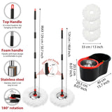 Spin Mop and Bucket with Wringer Set, 360° Spinning Mop Bucket System with 3 Microfiber Mop Replacement Heads and 51" Stainless Steel Adjustable