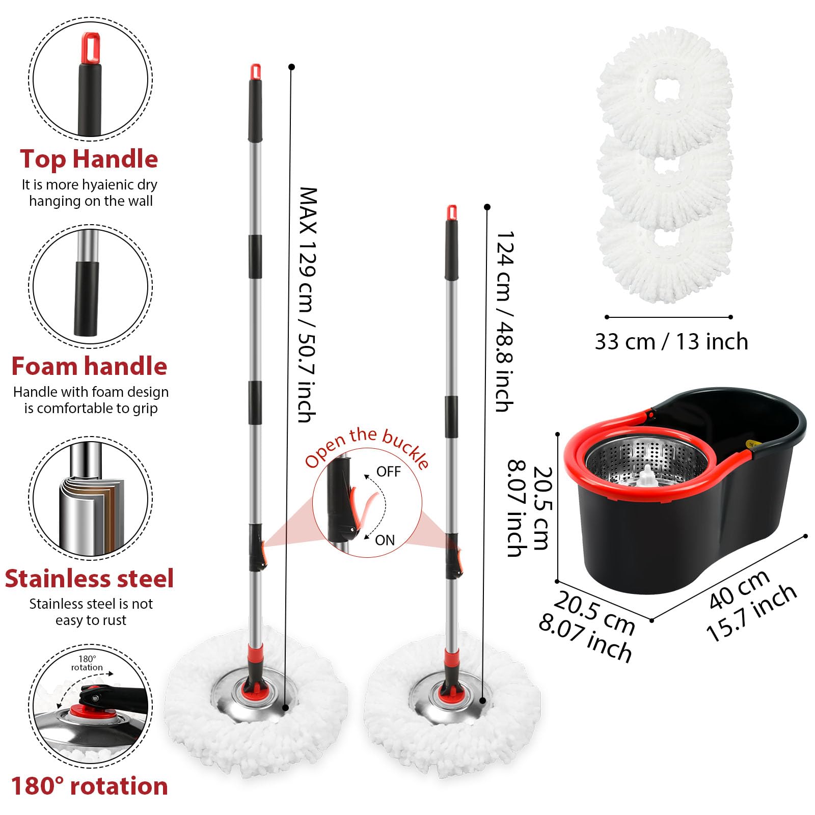 Spin Mop and Bucket with Wringer Set, 360° Spinning Mop Bucket System with 3 Microfiber Mop Replacement Heads and 51" Stainless Steel Adjustable