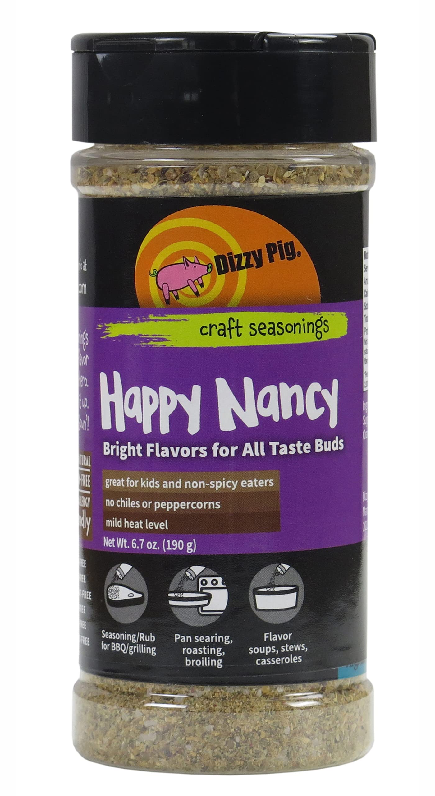 Dizzy Pig Happy Nancy Mild Seasoning Rub | Pepper & Chile-Free (8oz Shaker) - Seasons 30+lbs of Food - Hand Made in the USA - MSG Free, Gluten Free