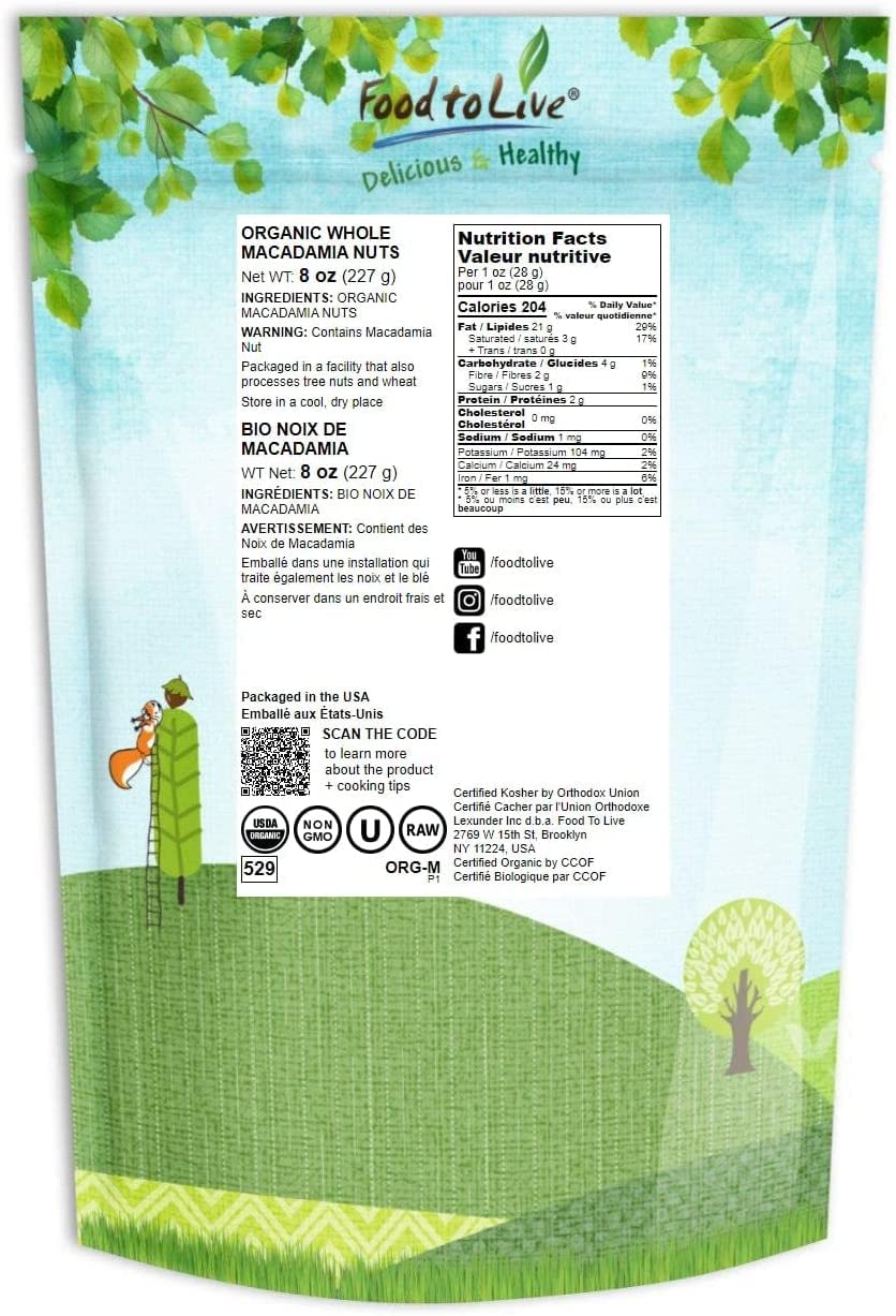 Food to Live Organic Whole Macadamia Nuts, 8 Ounces - Non-GMO, Raw, Shelled, Unsalted, Kosher, Vegan, Bulk. Keto Snack. Buttery Flavor. Good Source