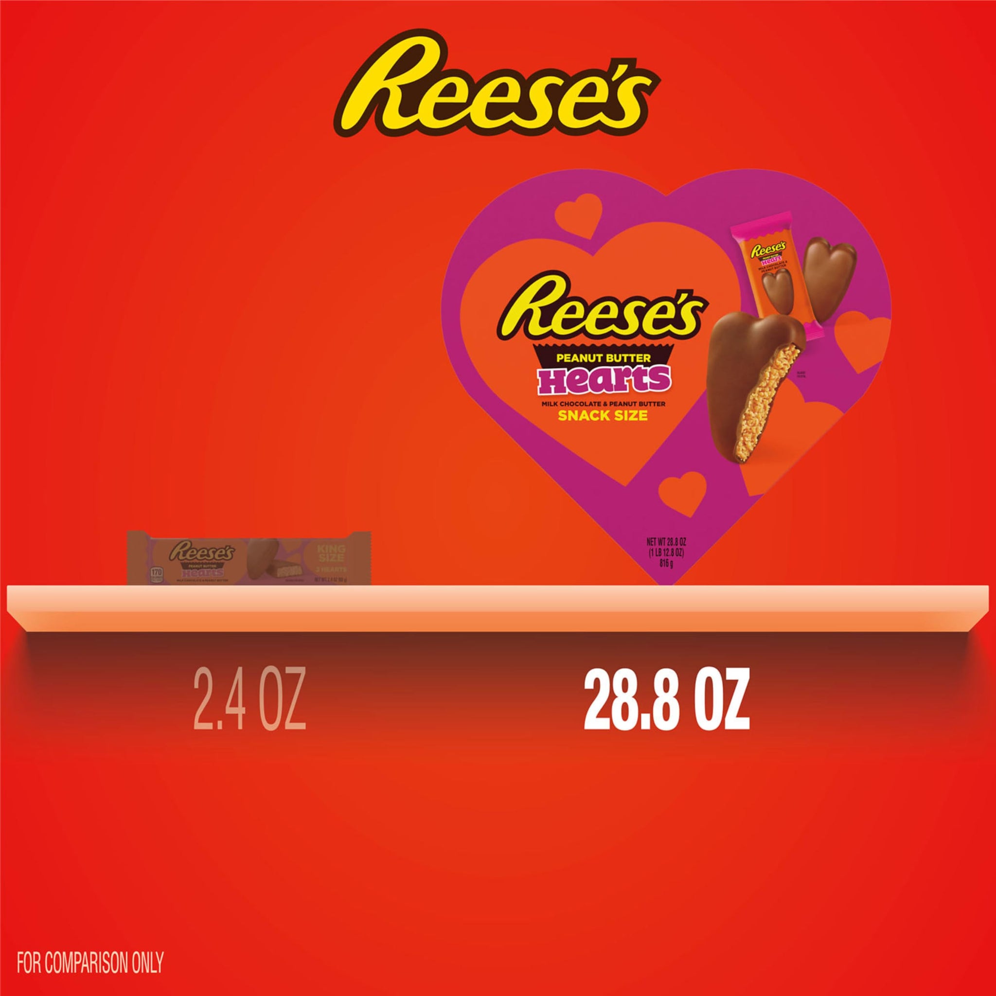 REESE'S Milk Chocolate Snack Size Peanut Butter Hearts, Valentine's Candy Gift Box, 28.8 oz