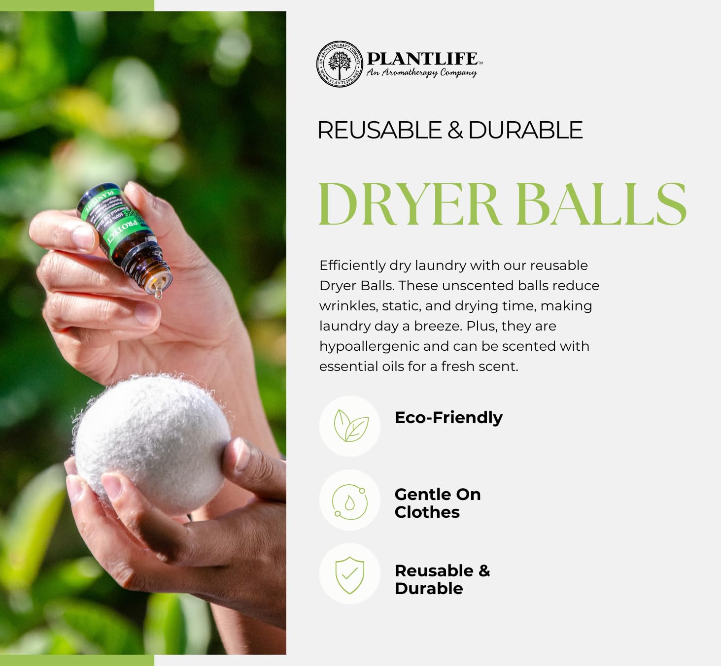 Plantlife 6 Wool Dryer Balls - Reusable, Natural Fabric Softener, Reduces Wrinkles, & Saves Drying Time - Unscented Wool Dryer Balls Laundry Reusable