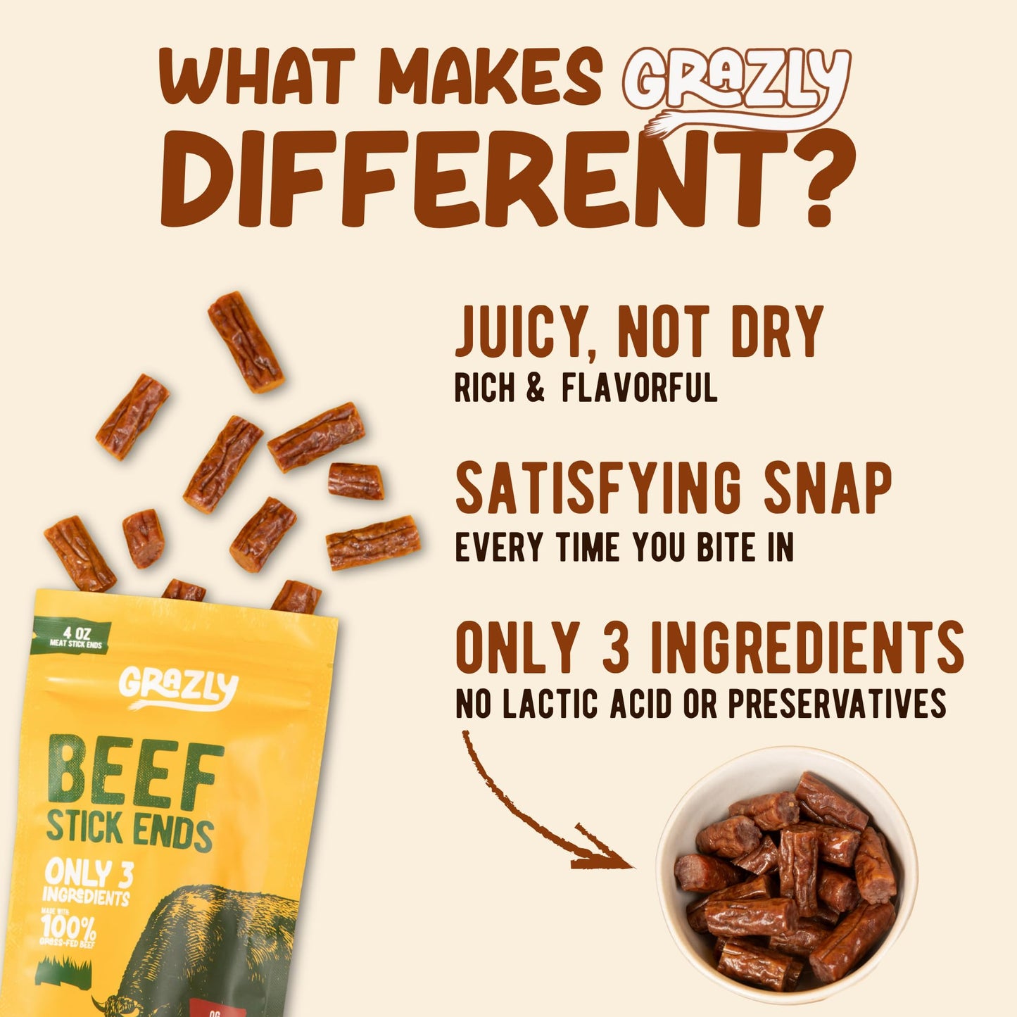 Grazly Plain Beef Stick Ends - Made With Only Grass-Fed Beef, Spring Salt & Collagen Casing - Bite-Sized High-Protein Meat Snack, 10g of Protein Per