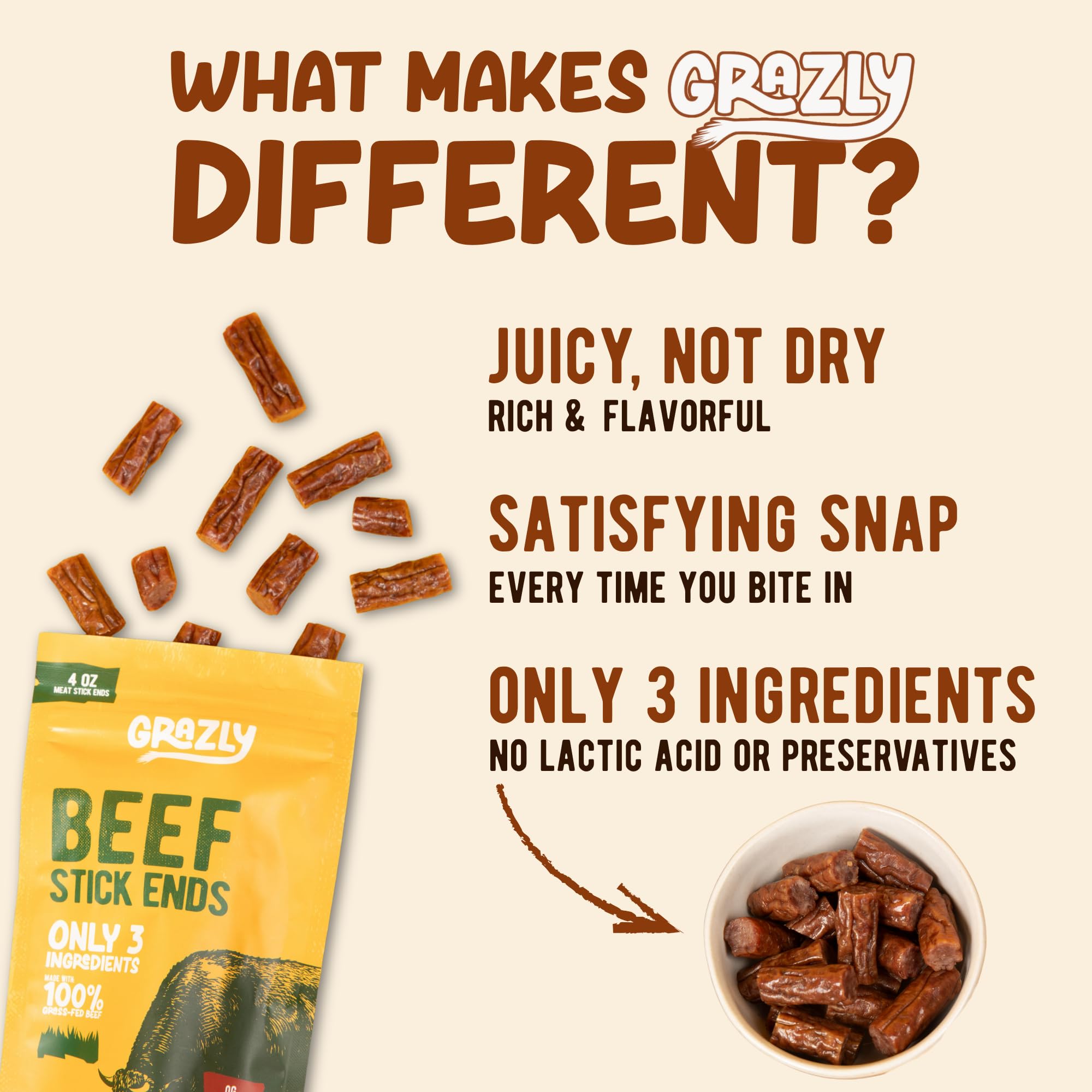 Grazly Plain Beef Stick Ends - Made With Only Grass-Fed Beef, Spring Salt & Collagen Casing - Bite-Sized High-Protein Meat Snack, 10g of Protein Per