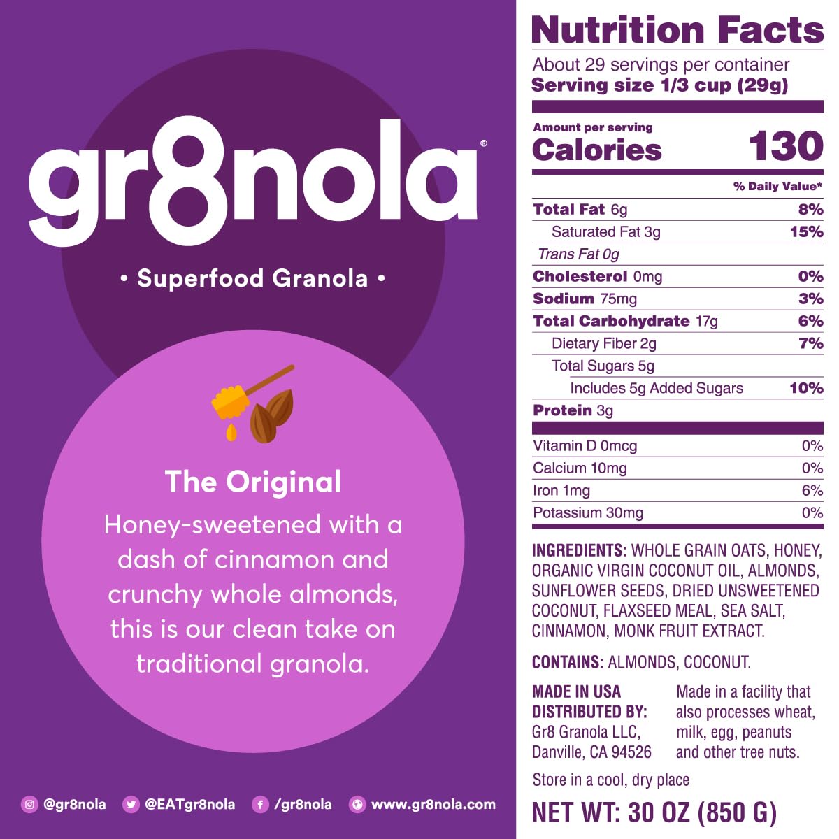 gr8nola THE ORIGINAL - Healthy, Low Sugar Granola Cereal - Made with Superfoods, Whole Almonds, Honey, Cinnamon and Flaxseed, Soy Free, Dairy Free