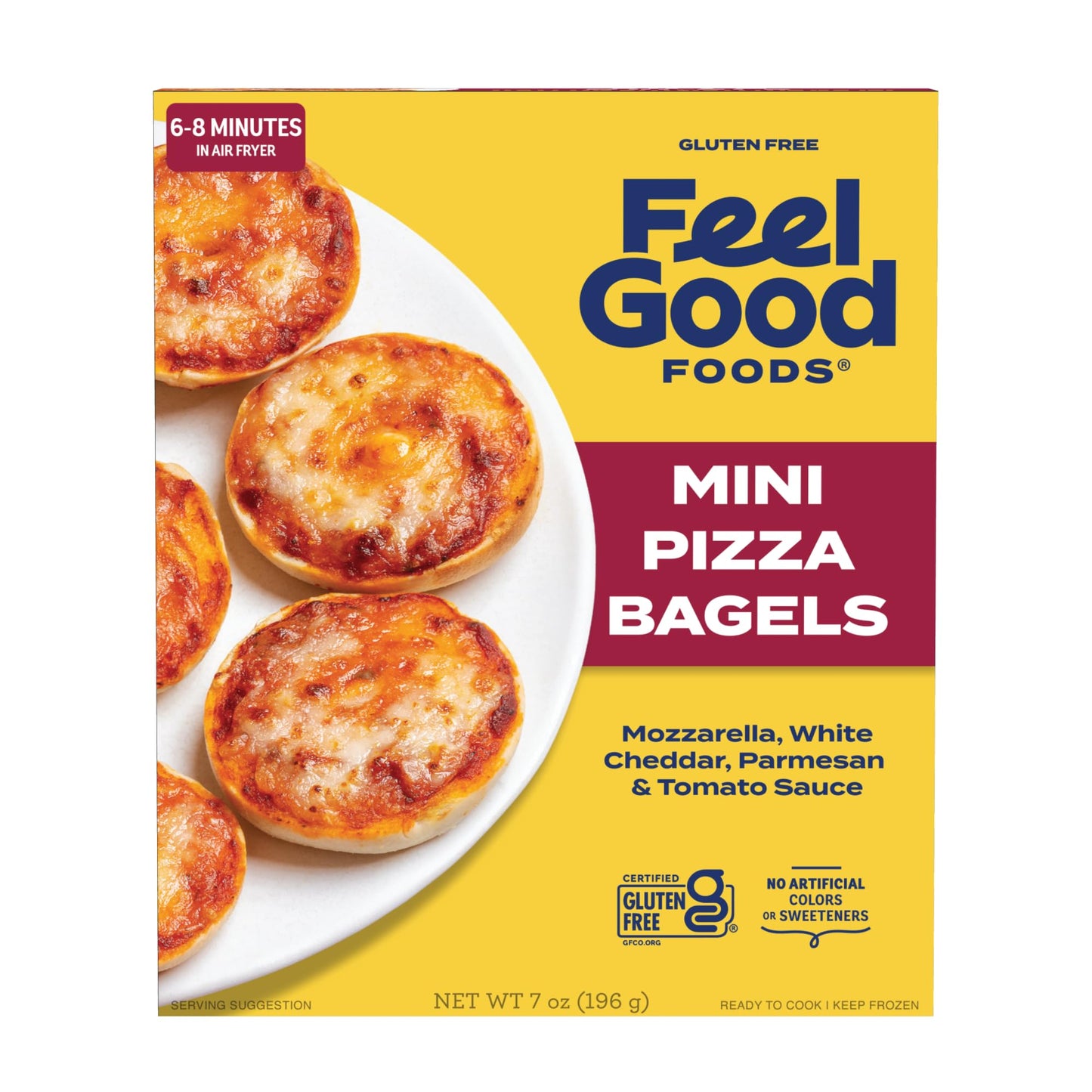 Feel Good Foods Gluten Free Mini Pizza Bagels - Frozen Snacks and Appetizers, Mini Bagel Bites with Mozzarella, White Cheddar & Parmesan Cheese, 7oz