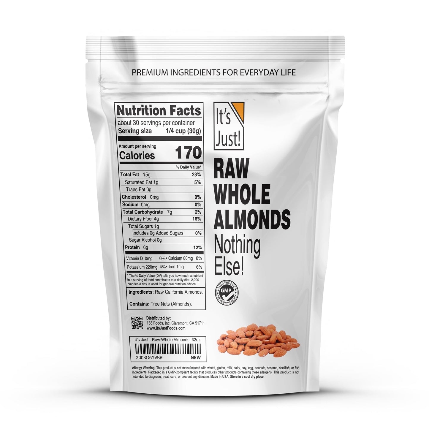 It's Just! Raw Whole Almonds - Unsalted, Premium Quality, Grown in California - 32oz (2lbs)