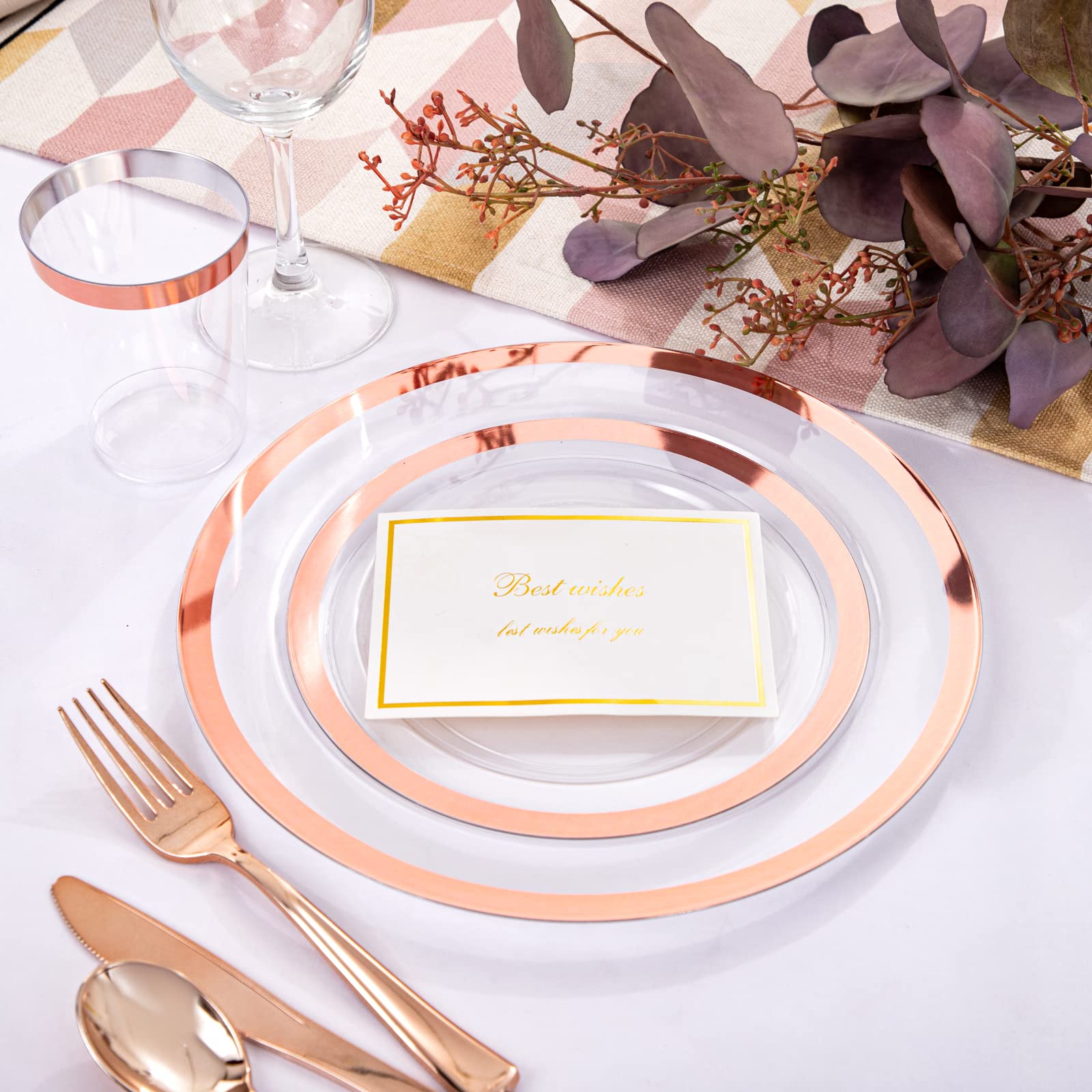 YOUBET 175PCS Rose Gold Plastic Plates - Clear Plastic Plates Disposable with Rose Gold Rim includes 50 Plates, 25Forks, 25Knives, 25Spoons, 25Cups