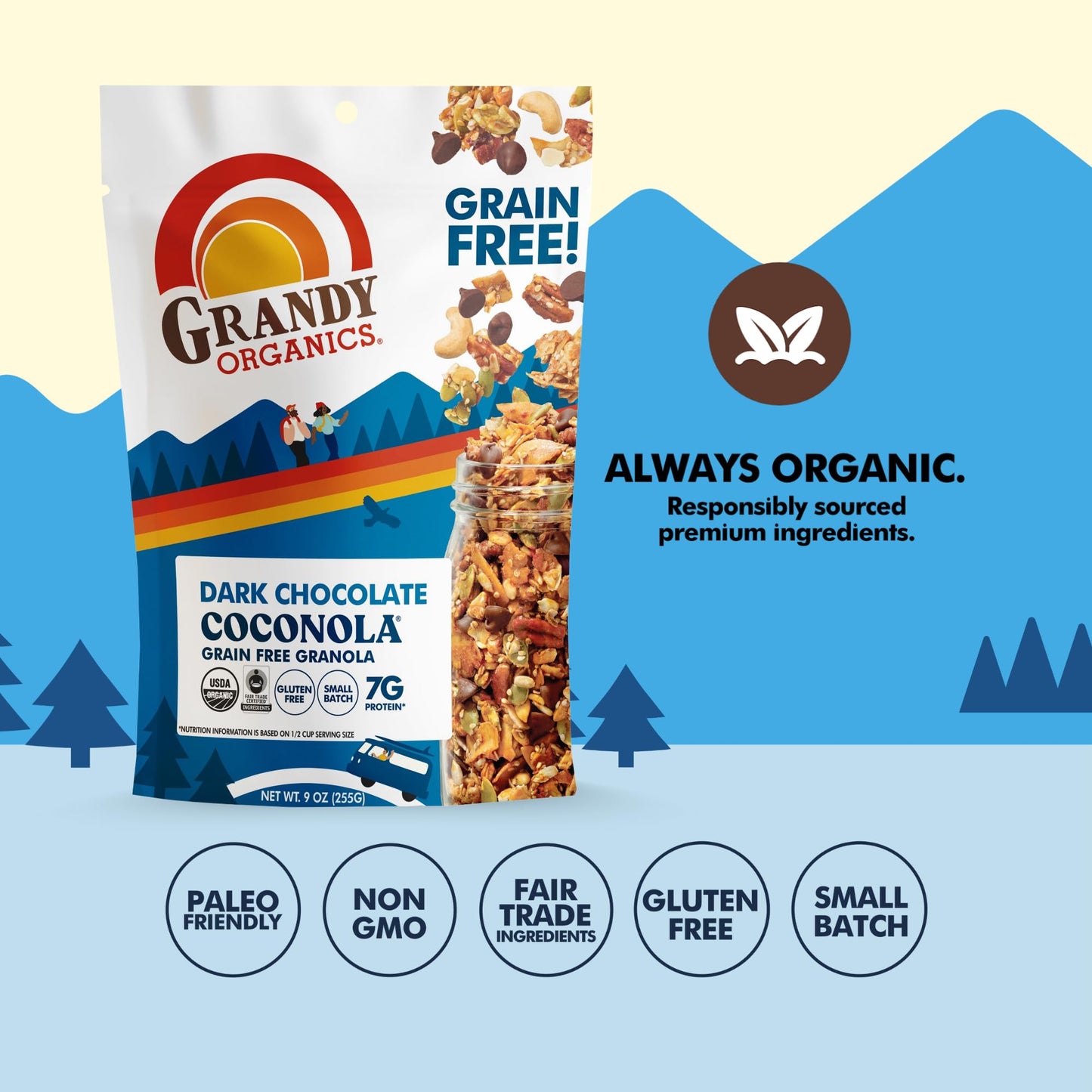 Grandy Organics Dark Chocolate Coconola - Certified Organic Grain Free Granola - 7g Protein - Gluten Free, Non GMO, Vegan & Paleo Friendly