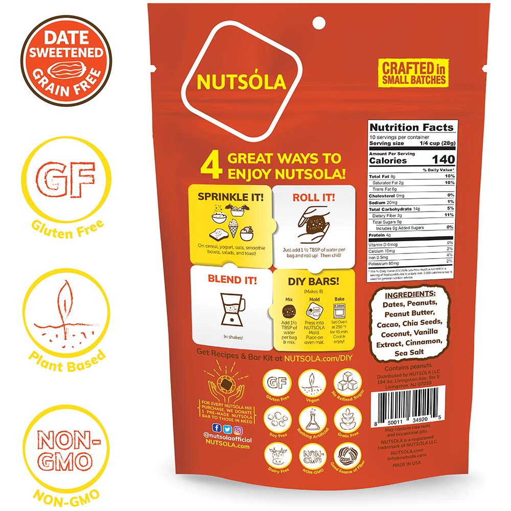 NUTSÓLA Peanut Butter & Cacao Superfood Mix | Gluten Free Snacks & Grain Free Granola Alternative | No Added Sugar, Date Sweetened, Plant Based, Low