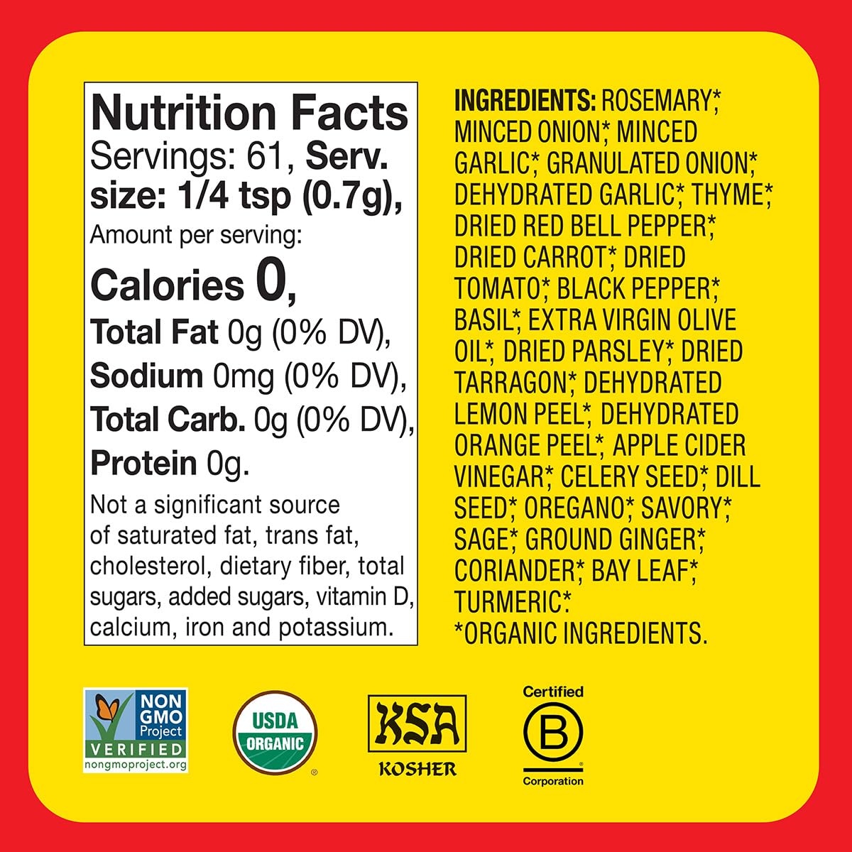 Bragg Organic Sprinkle Seasoning with 24 Herbs and Spices - 1.5 oz - Salt-Free Seasoning Blend - Perfect for Vegetables, Meats, and Salads