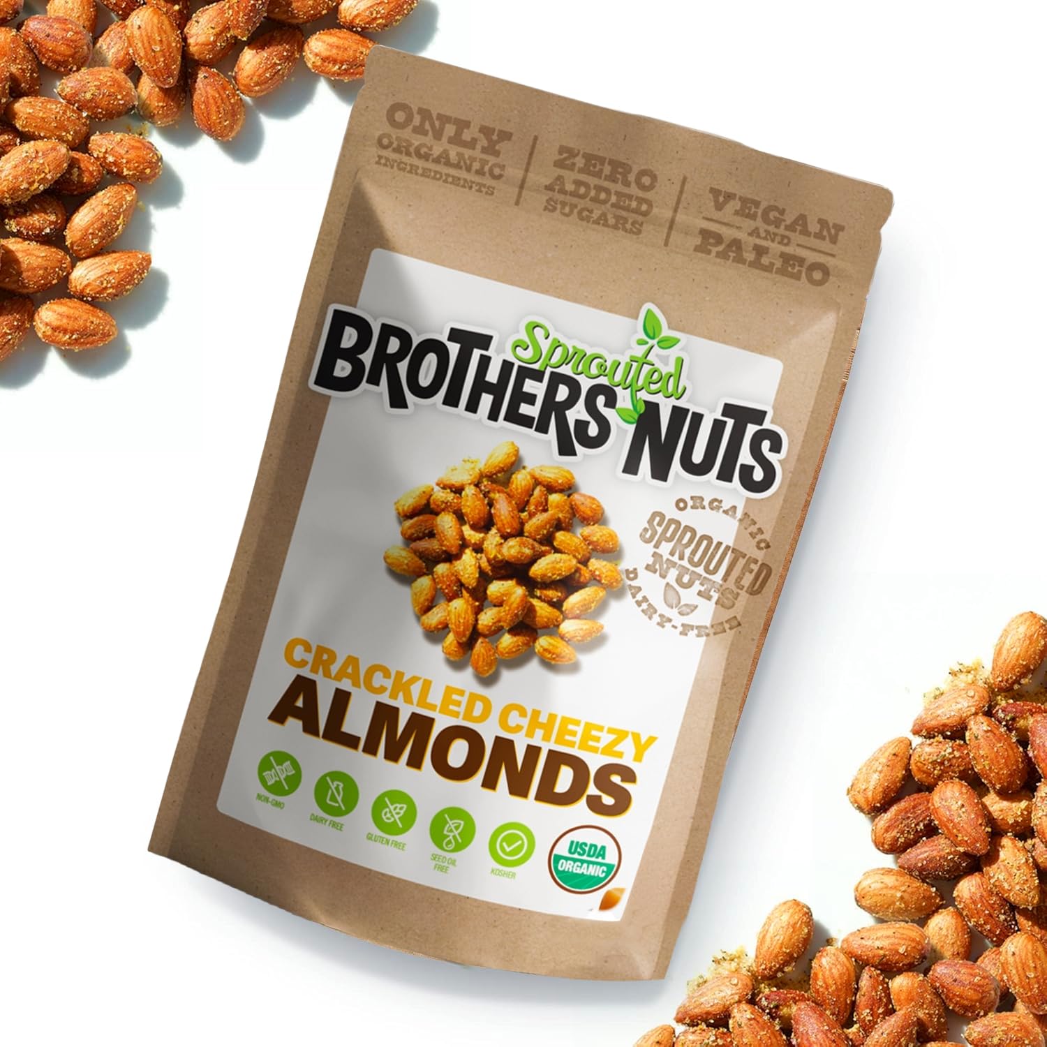 Brothers Nuts Crackled Cheezy Almonds - Organic, Sprouted Almonds - Healthy Keto Snack - Vegan, Gluten-Free, Kosher - No Preservatives - 6 oz