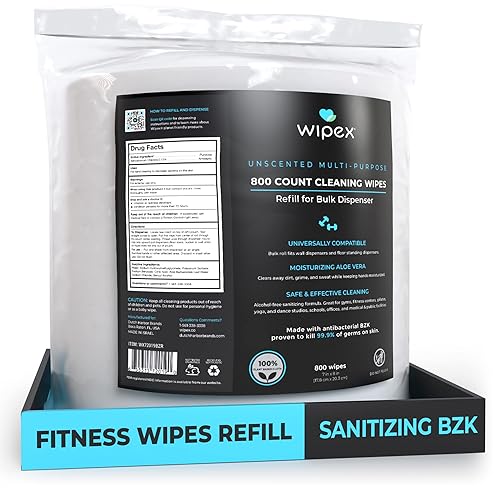 Wipex Fitness Wipes Refill - 800ct Antibacterial Hand Sanitizing Wipe with Safe Plant Based Cloth, Bulk Commercial Size - Great for Gyms, Studios