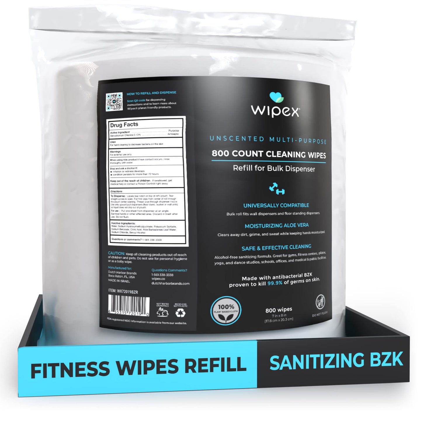 Wipex Fitness Wipes Refill - 800ct Antibacterial Hand Sanitizing Wipe with Safe Plant Based Cloth, Bulk Commercial Size - Great for Gyms, Studios