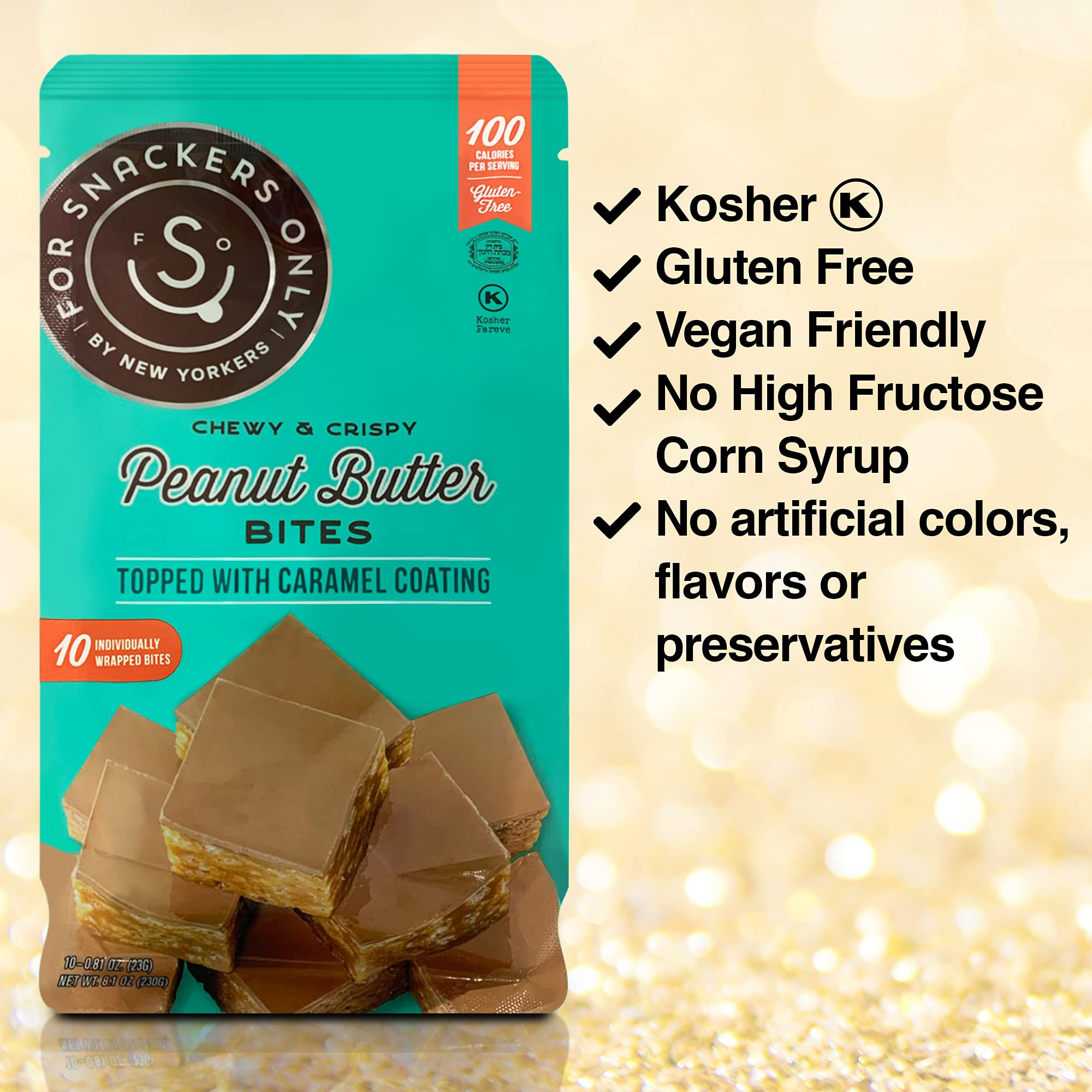 Peanut Butter Bites Topped with Caramel Coating - Gluten Free & Vegan Friendly - Non Dairy Kosher Pareve - 100 Calorie Snack - 8 Individually Wrapped