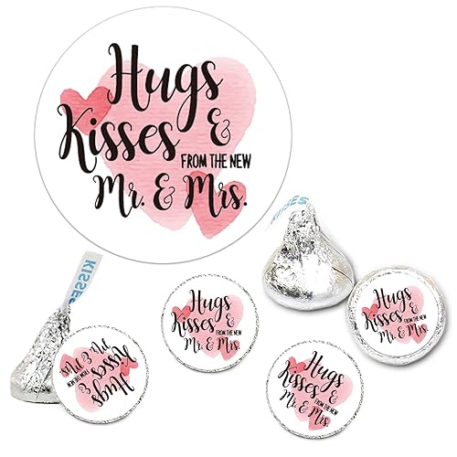 Chocolate Drop Labels Stickers, Hugs & Kisses from The New Mr. & Mrs., 180 Pack, Fits Hershey's Kisses Party Favors, Wedding Stickers for Weddings