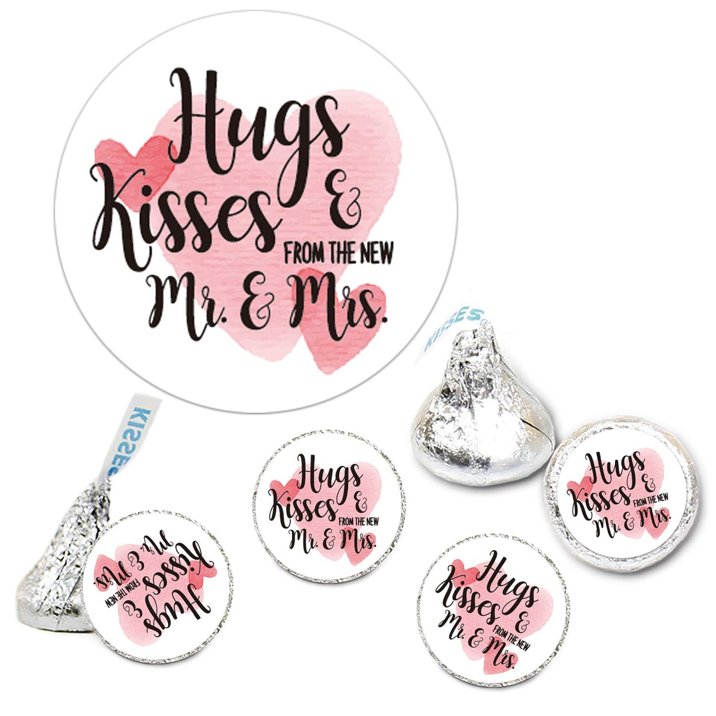 Chocolate Drop Labels Stickers, Hugs & Kisses from The New Mr. & Mrs., 180 Pack, Fits Hershey's Kisses Party Favors, Wedding Stickers for Weddings