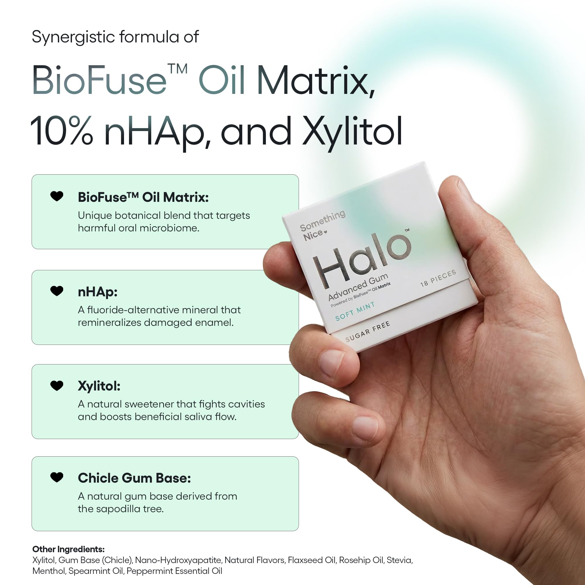 Halo Advanced Remineralizing Gum with Hydroxyapatite - Natural, Sugar Free, nHAp & Xylitol Gum for Healthy Teeth, Enamel Repair & Oral Microbiome
